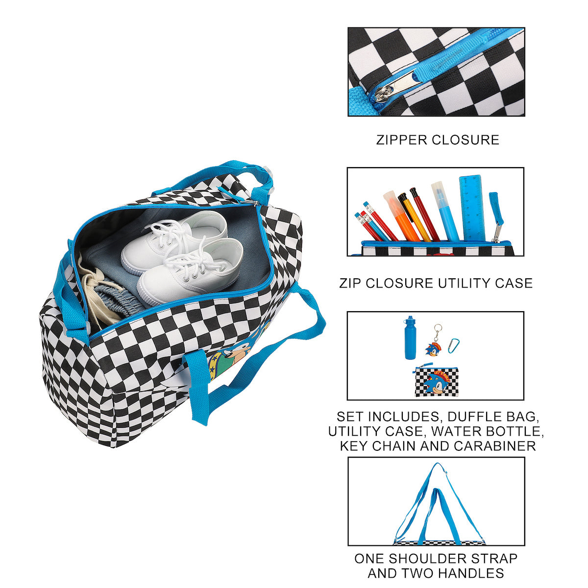 Sonic The Hedgehog Classic 5-Pc Duffle Bag, Utility Case, Water Bottle, Key Chain and Carabiner