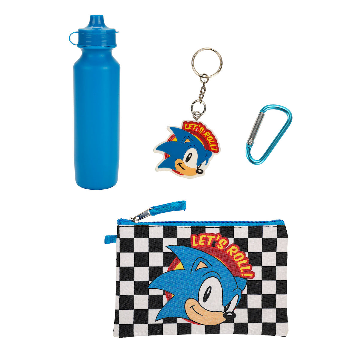 Sonic The Hedgehog Classic 5-Pc Duffle Bag, Utility Case, Water Bottle, Key Chain and Carabiner