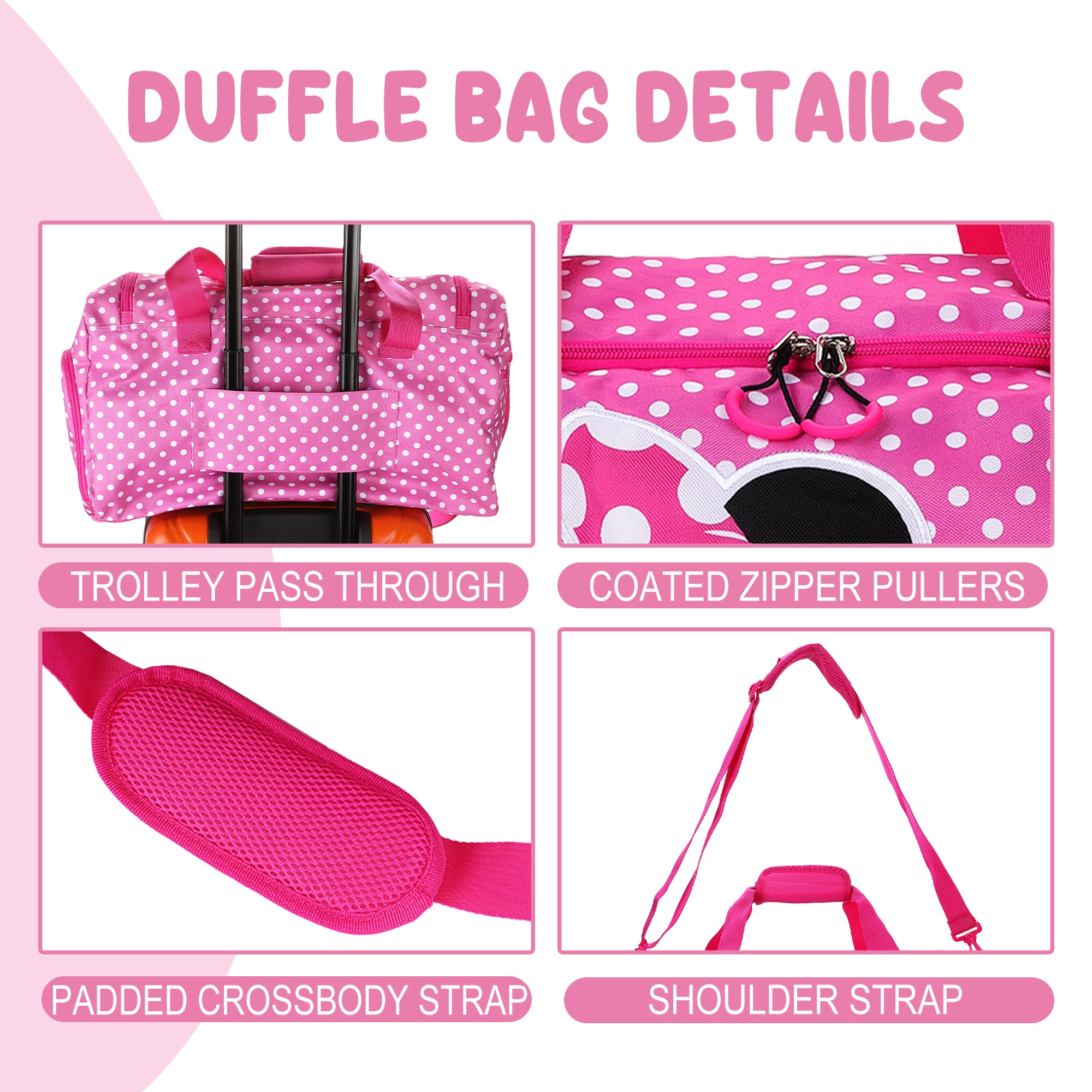 Minnie Mouse Classic Character Pose Pink Polka Dotted 20” Duffel Bag