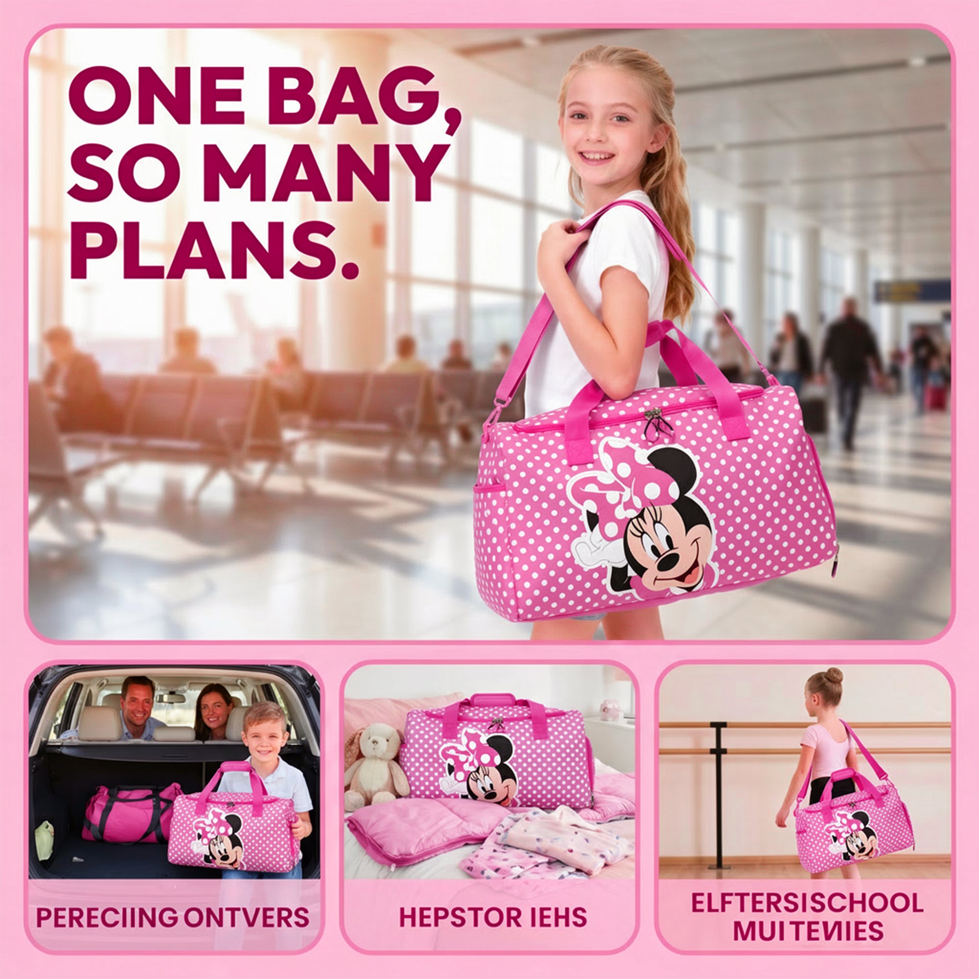 Minnie Mouse Classic Character Pose Pink Polka Dotted 20” Duffel Bag