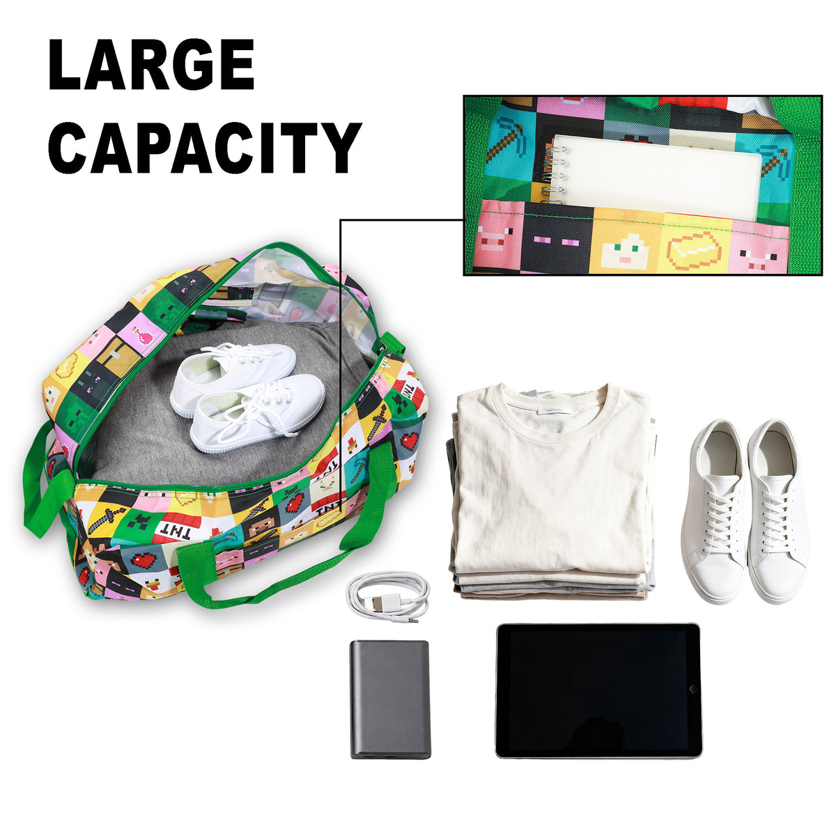 Minecraft Character AOP Packable Duffle Bag for Kids