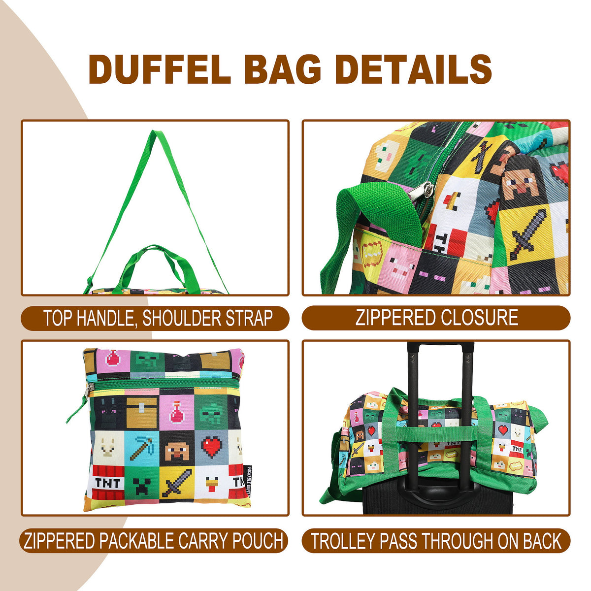 Minecraft Character AOP Packable Duffle Bag for Kids