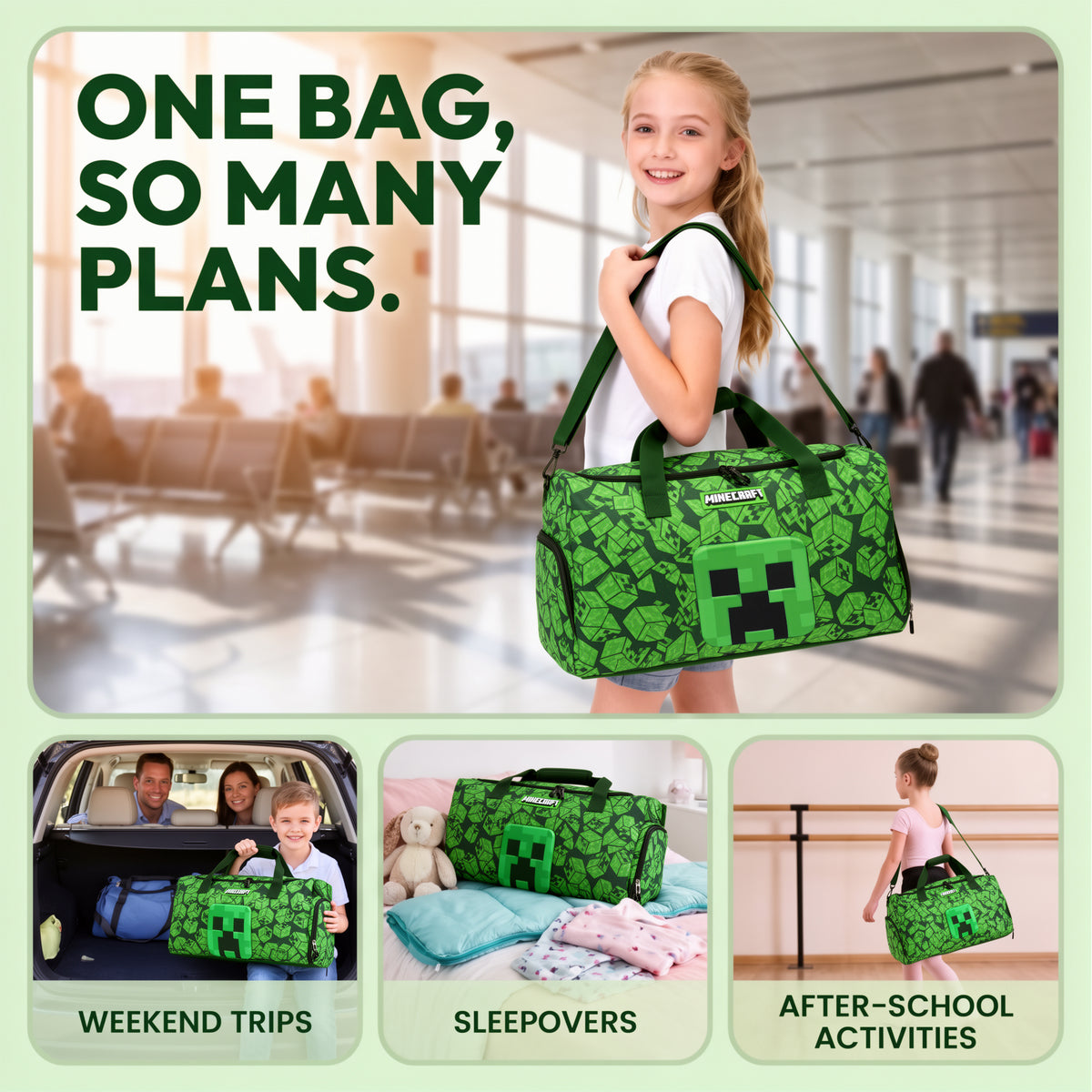Minecraft Creeper Face Green Youth 20" Duffel Bag