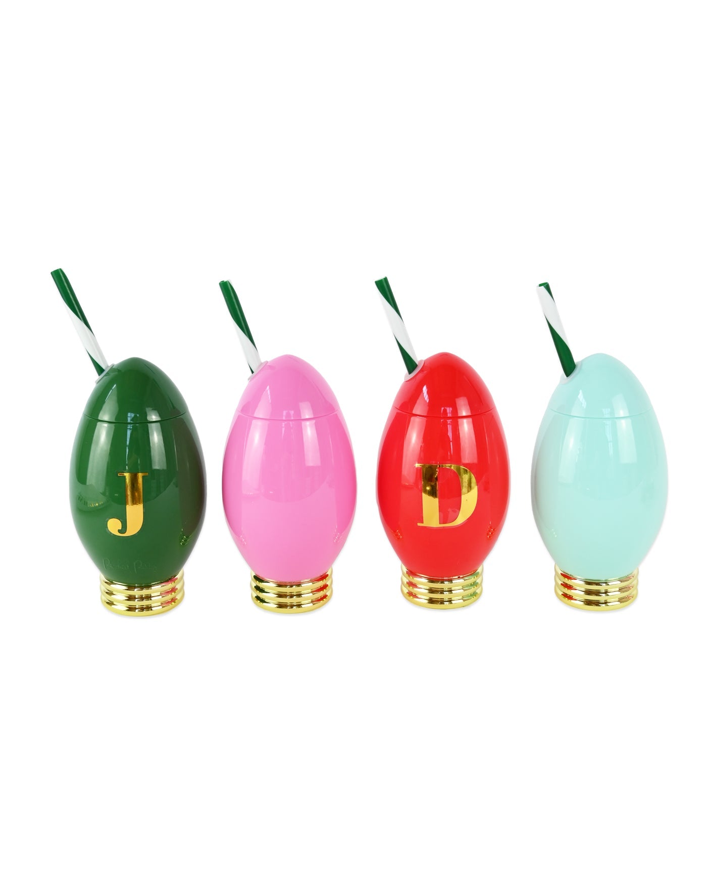Packed Party Extra Bright Customizable Holiday Light Sippers Set of 4 – 12 oz Personalized Bulb-Shaped Cups with 41 Gold Vinyl Stickers, BPA-Free, Spill-Proof