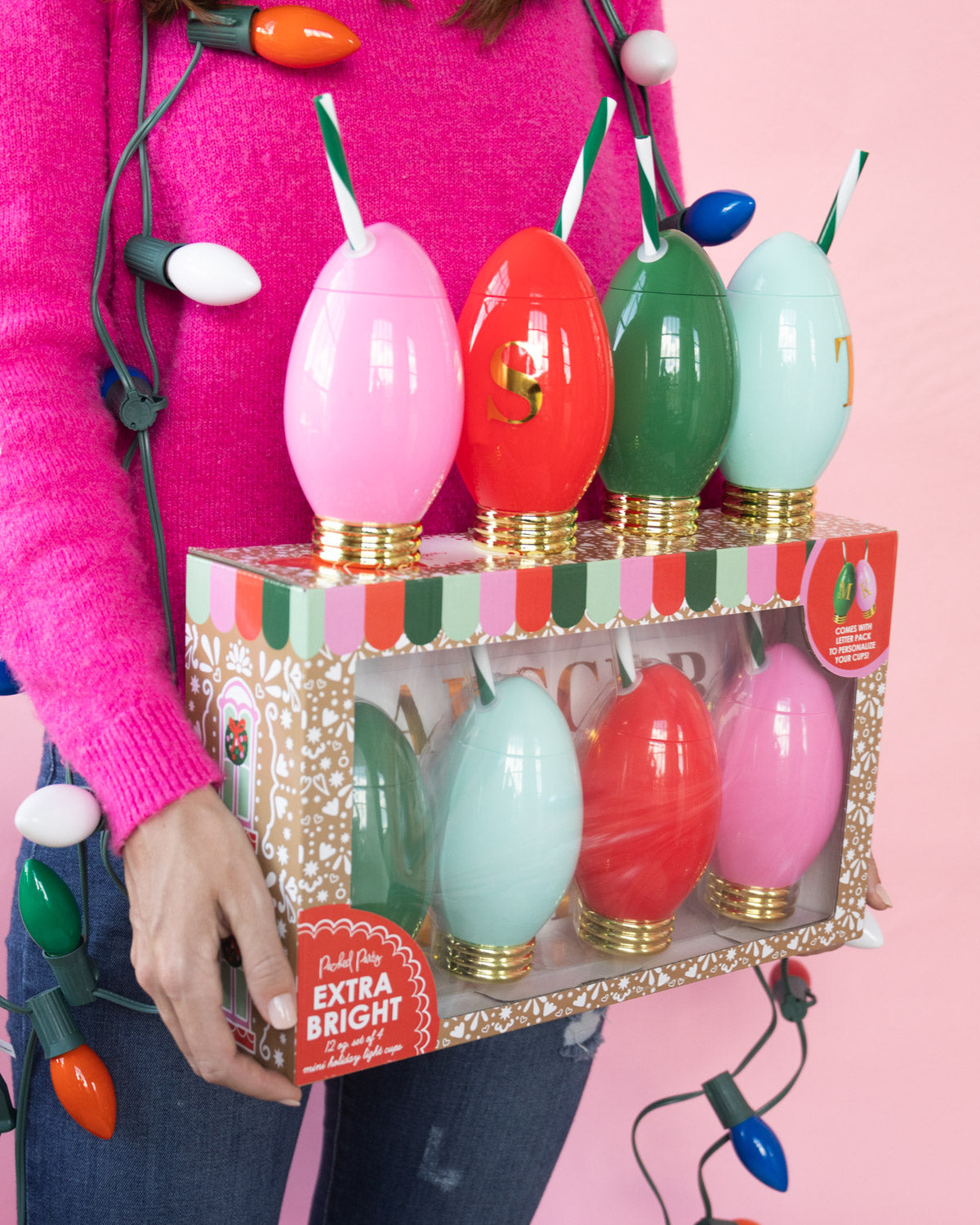 Packed Party Extra Bright Customizable Holiday Light Sippers Set of 4 – 12 oz Personalized Bulb-Shaped Cups with 41 Gold Vinyl Stickers, BPA-Free, Spill-Proof
