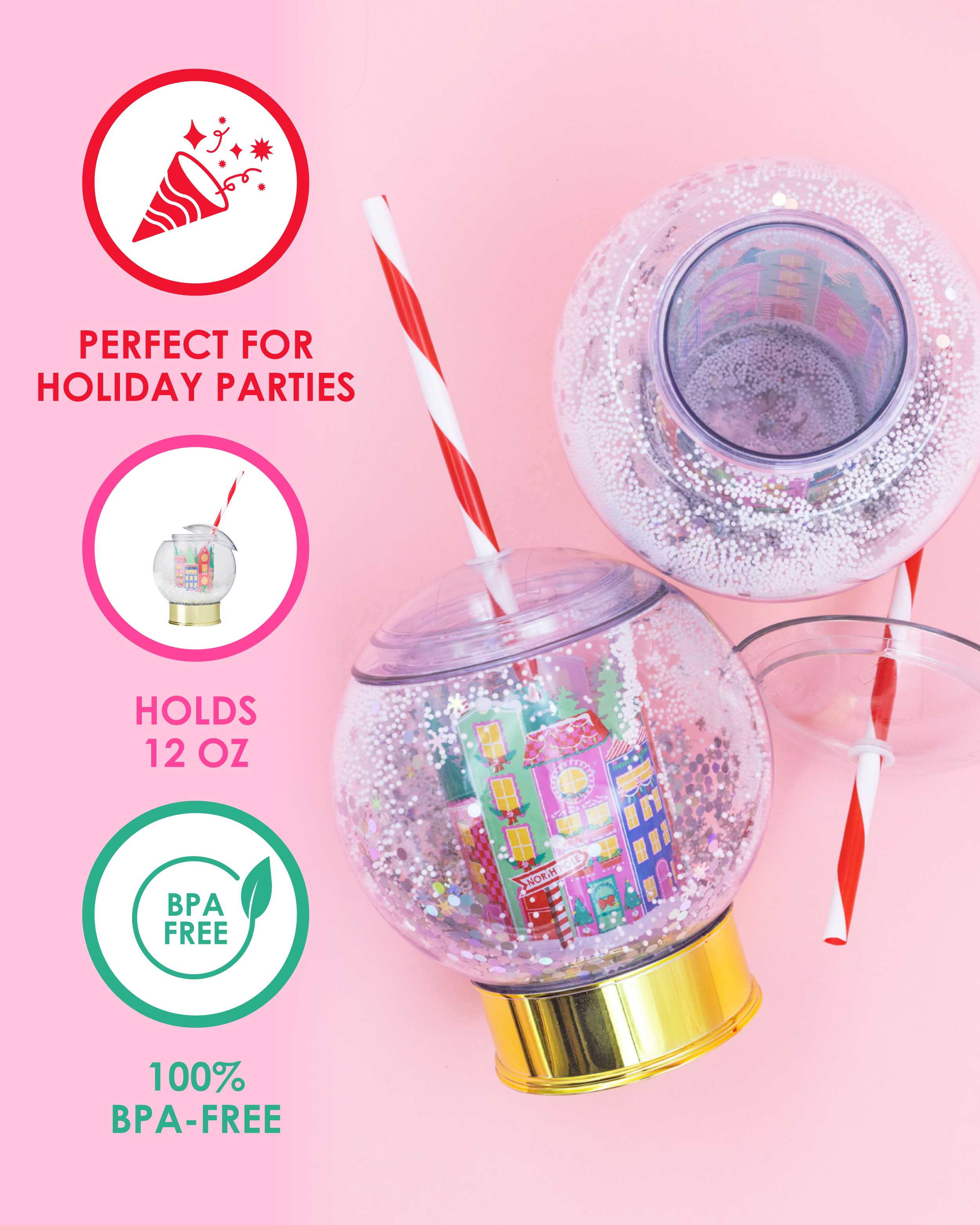 Packed Party Snow Globe Christmas Novelty Drink Sipper – 12 oz BPA-Free Shakeable Holiday Village Cup with Confetti Snow and Reusable Straw