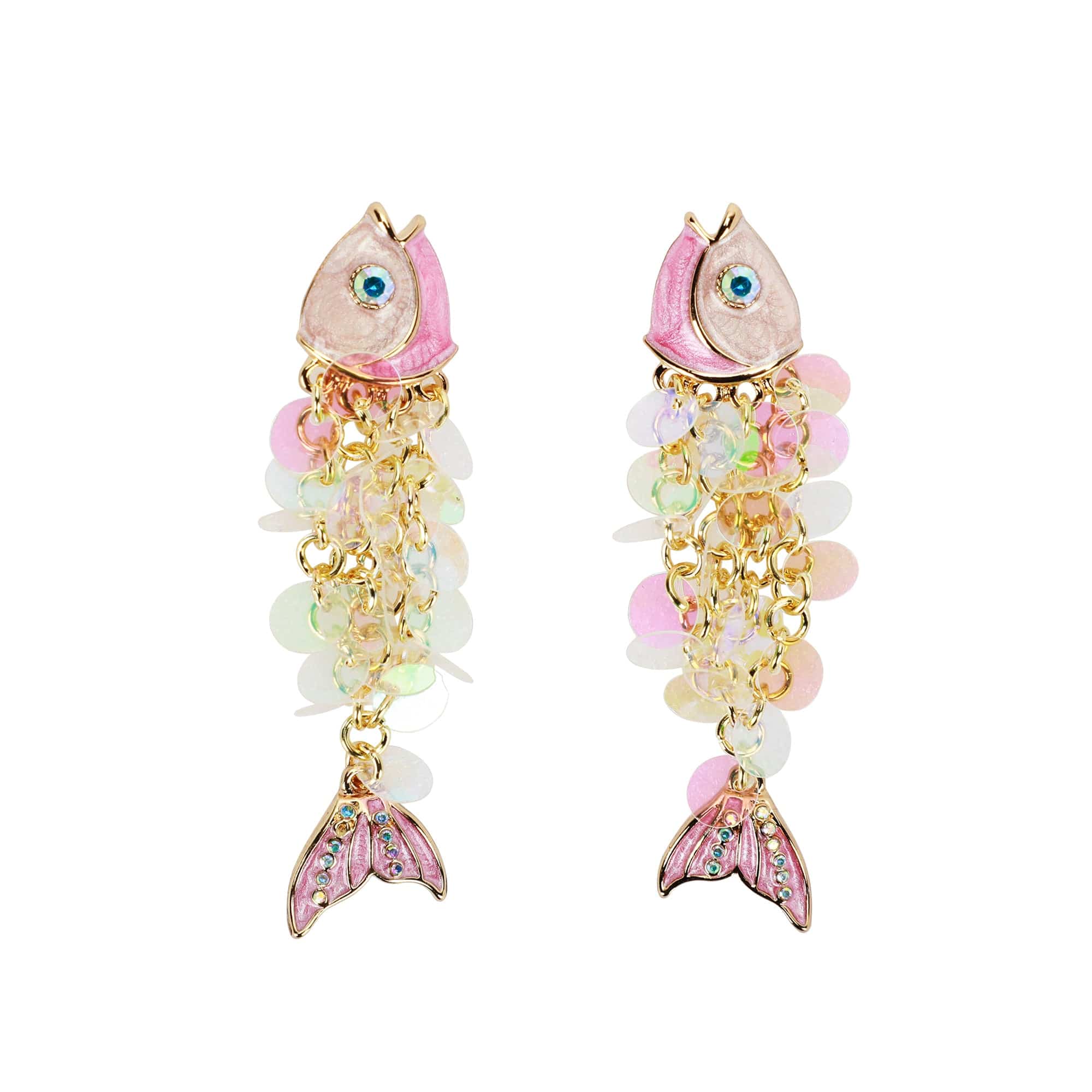 Packed Party Catch of the Day Sparkle Fish Dangle Earrings - Hypoallergenic Gold-Tone Post with Pink Enamel and Iridescent Sequins, 2 Inch