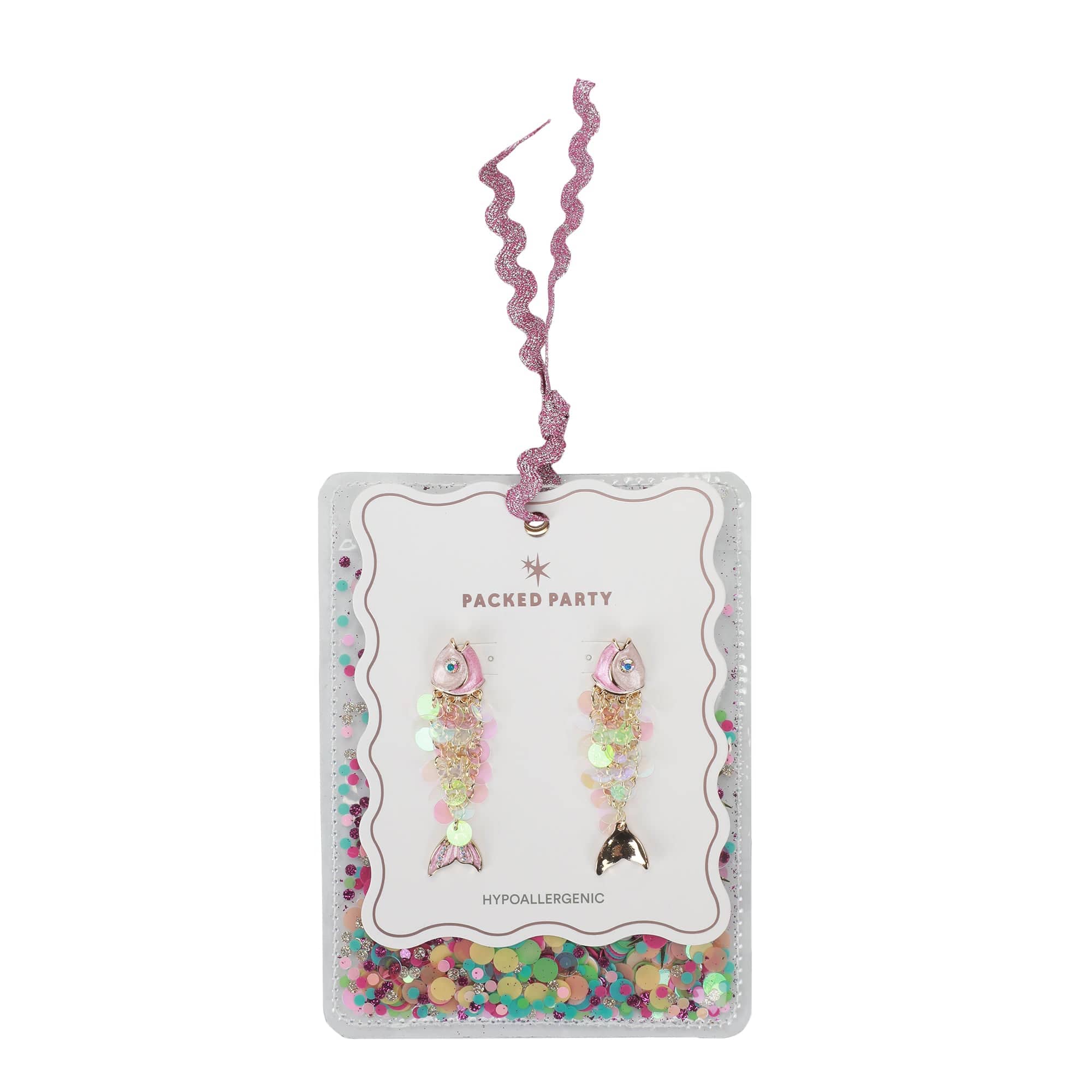 Packed Party Catch of the Day Sparkle Fish Dangle Earrings - Hypoallergenic Gold-Tone Post with Pink Enamel and Iridescent Sequins, 2 Inch