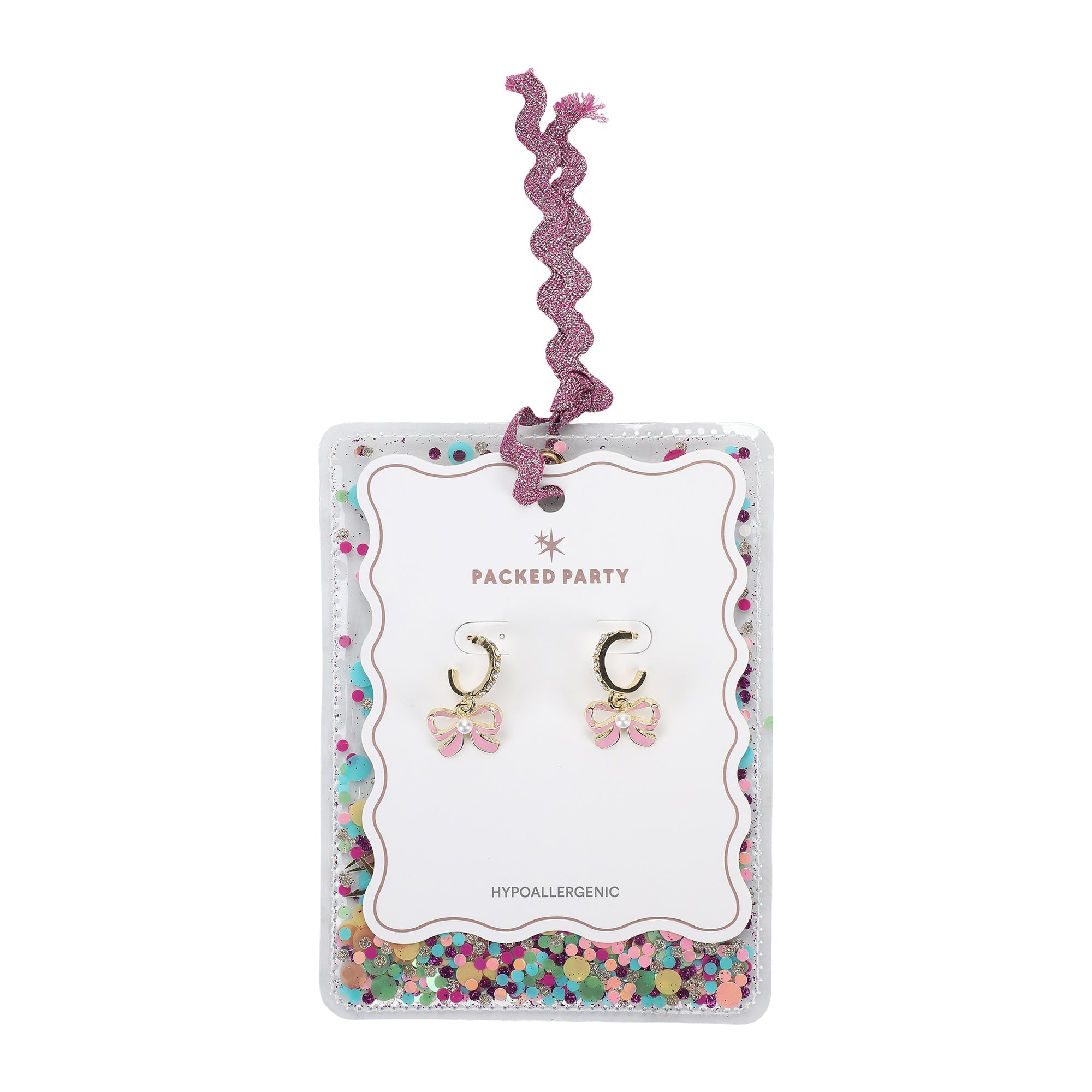 Packed Party Pretty in Pink Bow Earrings - Hypoallergenic Gold-Tone Hoop Post with Pink Enamel Bow and Stone Pearl Detail, 1.5 Inch