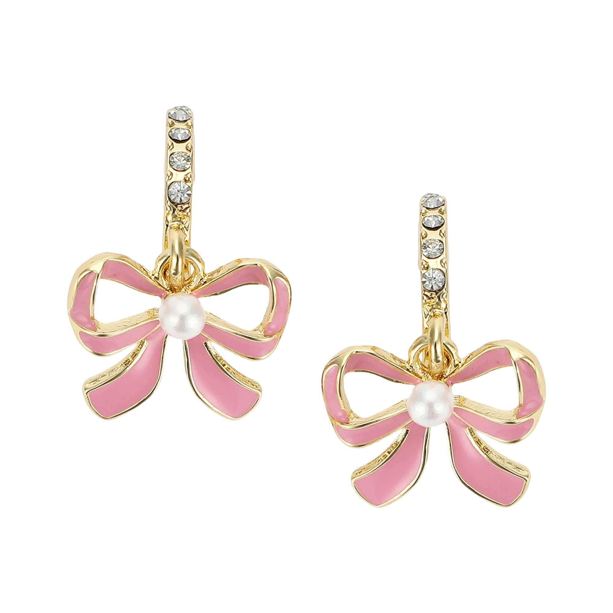 Packed Party Pretty in Pink Bow Earrings - Hypoallergenic Gold-Tone Hoop Post with Pink Enamel Bow and Stone Pearl Detail, 1.5 Inch