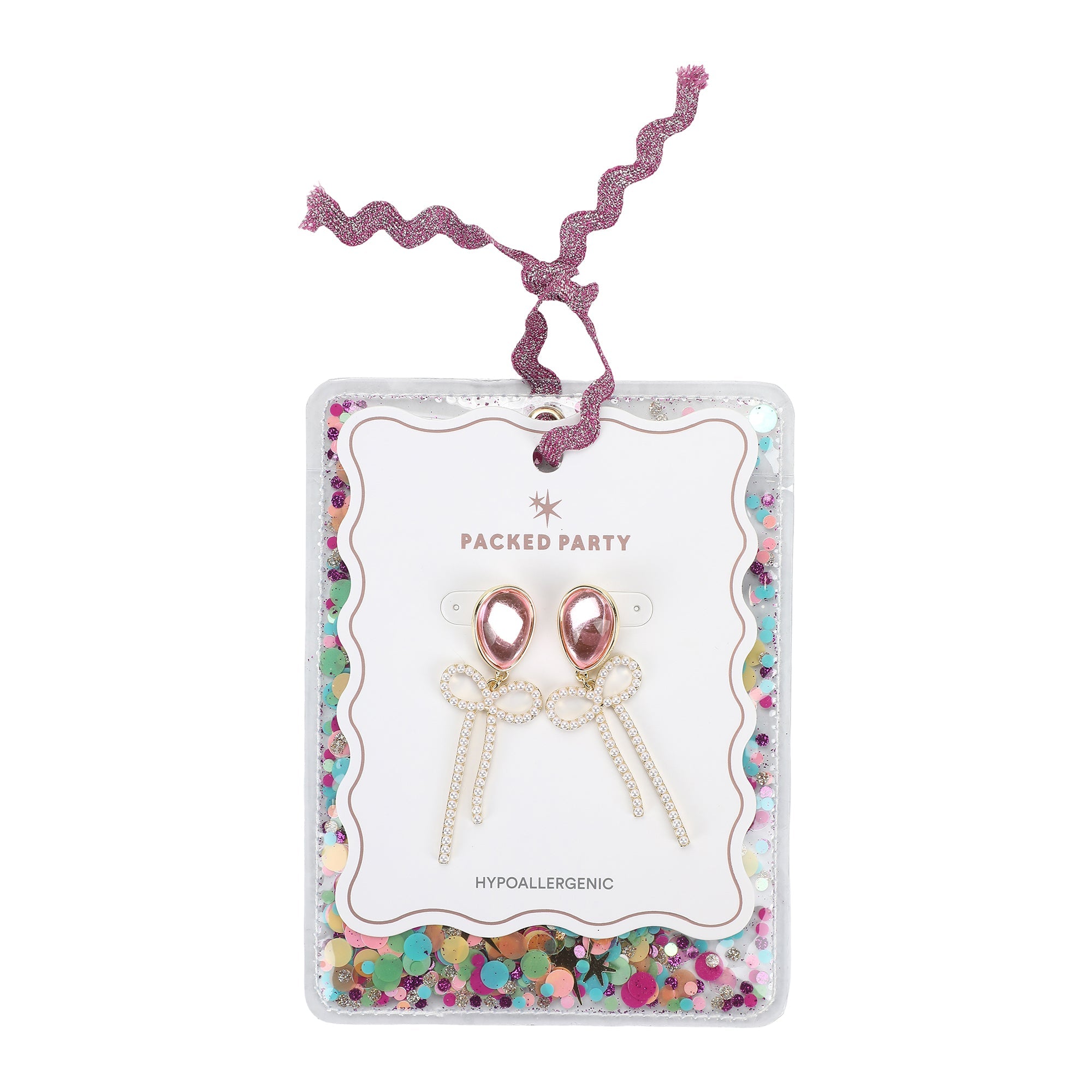 Packed Party Pearl and Pink Balloon Bow Drop Earrings - Hypoallergenic Gold-Tone Post with Faux Pearl Bow and Pink Enamel Stone, 2.25 Inch