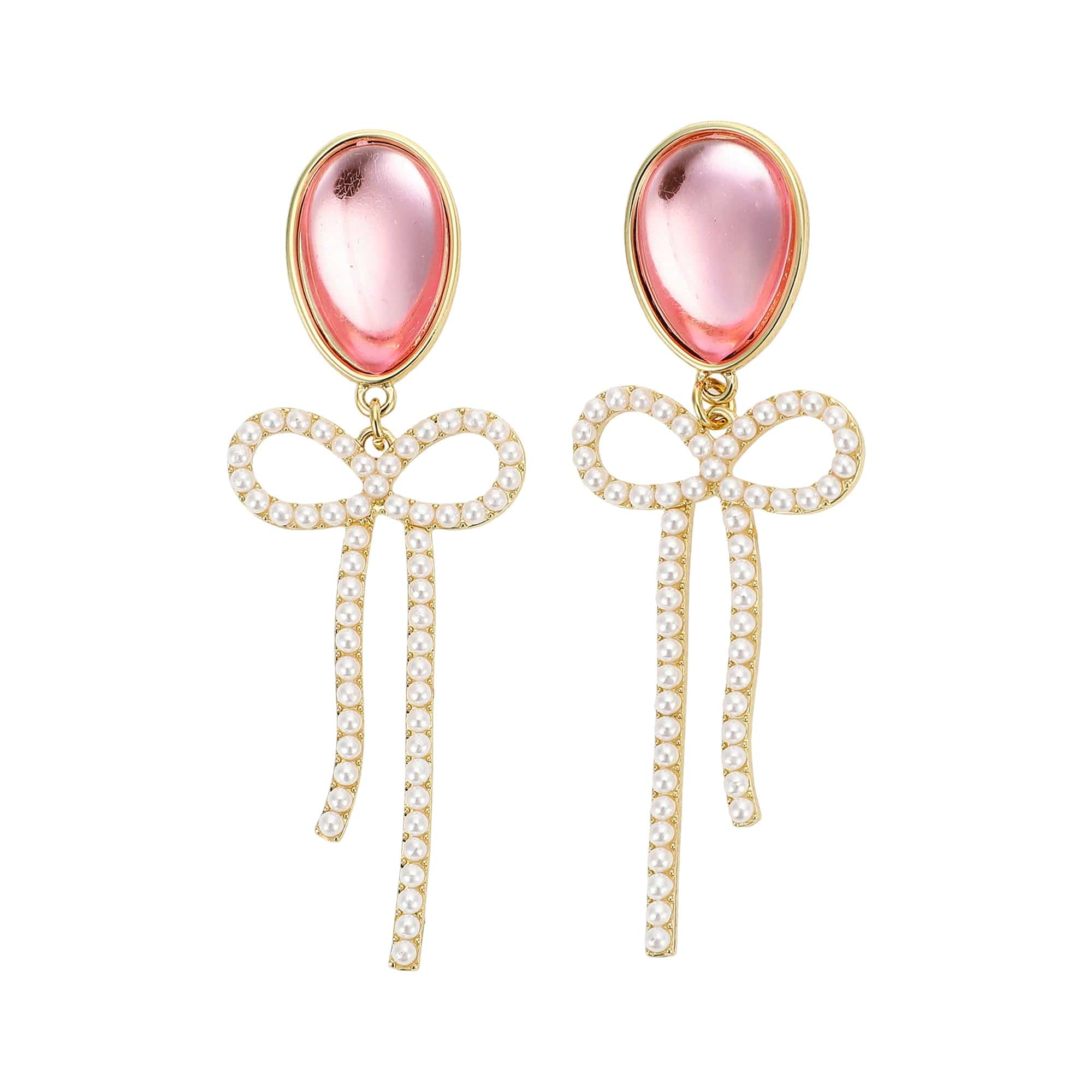 Packed Party Pearl and Pink Balloon Bow Drop Earrings - Hypoallergenic Gold-Tone Post with Faux Pearl Bow and Pink Enamel Stone, 2.25 Inch