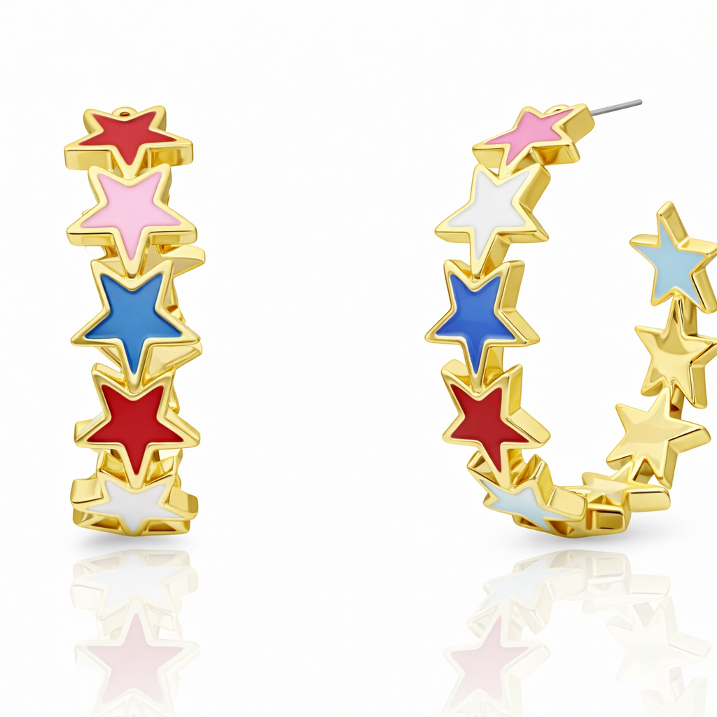 Packed Party Patriotic Star Hoop Earrings - Hypoallergenic Gold-Tone Hoops with Red White Blue Enamel Stars for 4th of July, 1.5 Inch