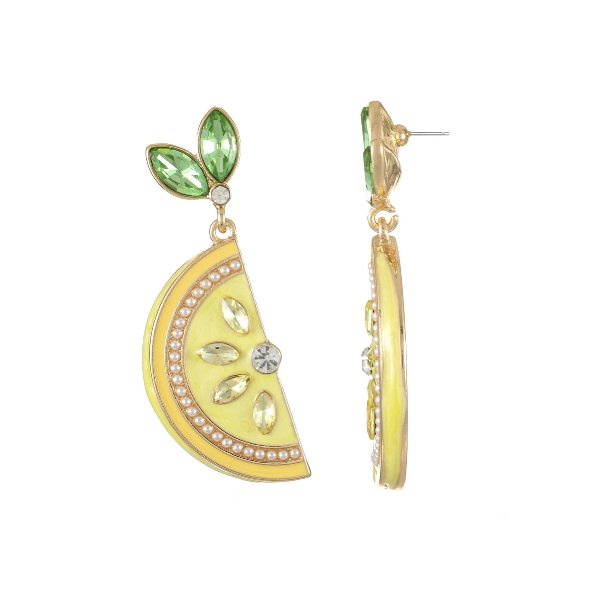 Packed Party Lemon Slice Rhinestone Drop Earrings - Hypoallergenic Gold-Tone Post with Enamel Lemon and Stone Leaf Accents, 1.5 Inch