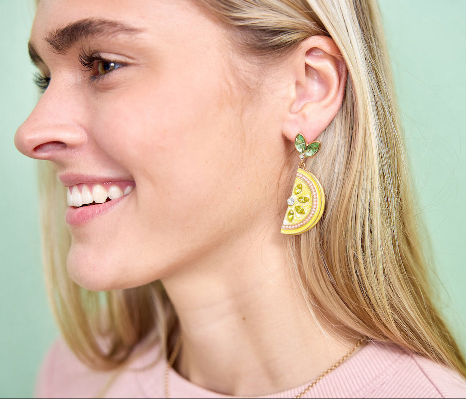Packed Party Lemon Slice Rhinestone Drop Earrings - Hypoallergenic Gold-Tone Post with Enamel Lemon and Stone Leaf Accents, 1.5 Inch