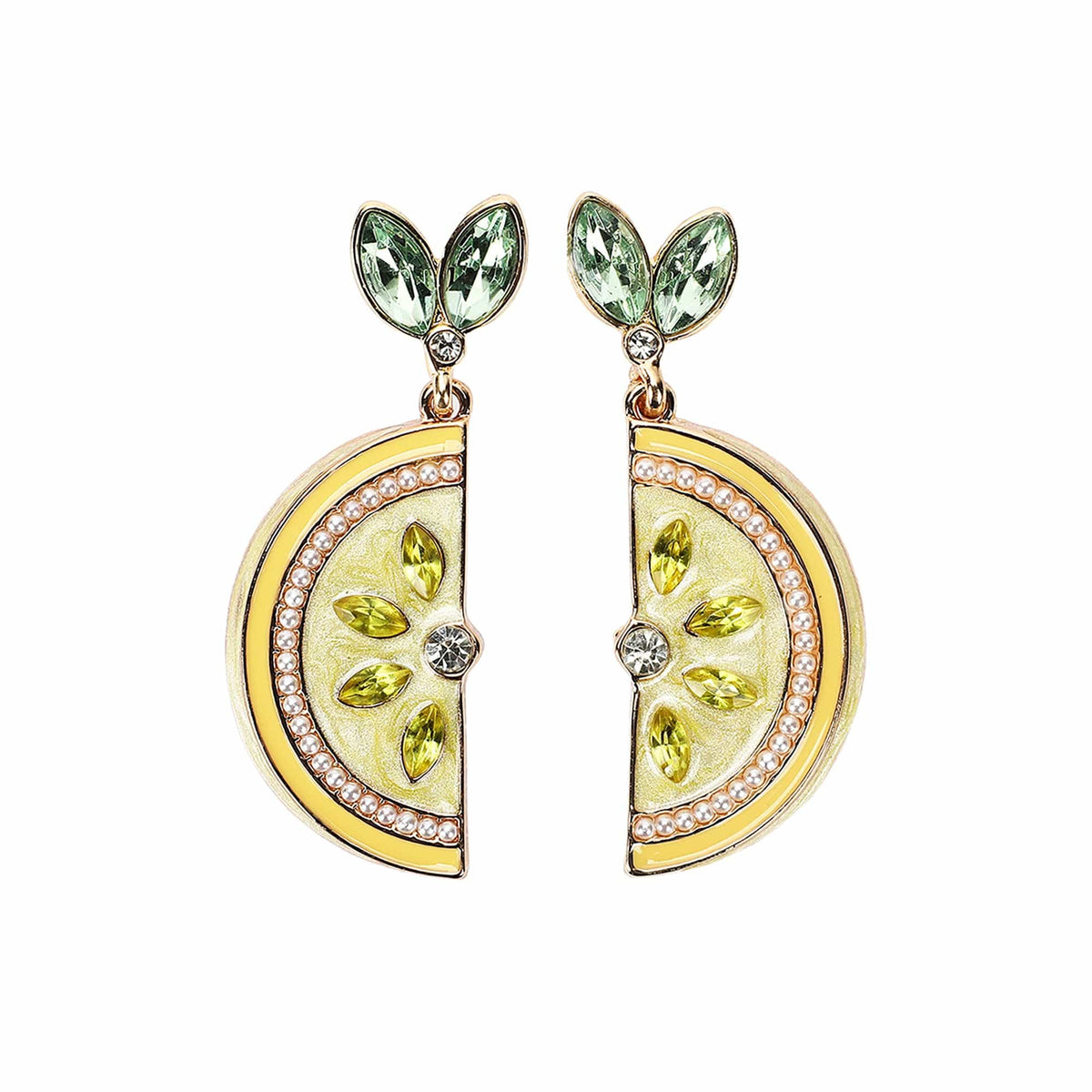 Packed Party Lemon Slice Rhinestone Drop Earrings - Hypoallergenic Gold-Tone Post with Enamel Lemon and Stone Leaf Accents, 1.5 Inch
