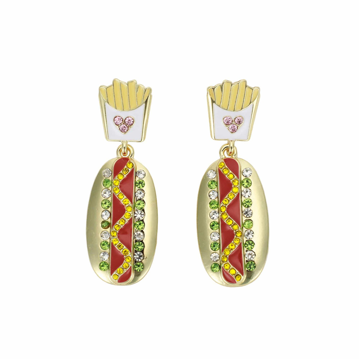 Packed Party Hot Dog and Fries Rhinestone Drop Earrings - Hypoallergenic Gold-Tone Post with Enamel Epoxy Novelty Design, 1.75 Inch