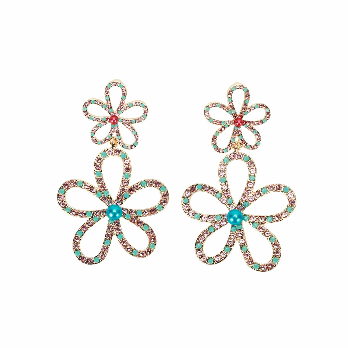 Packed Party Flower Power Rhinestone Drop Earrings - Hypoallergenic Gold-Tone Layered Floral Statement Earrings with Multicolor Stones, 1.75 Inch