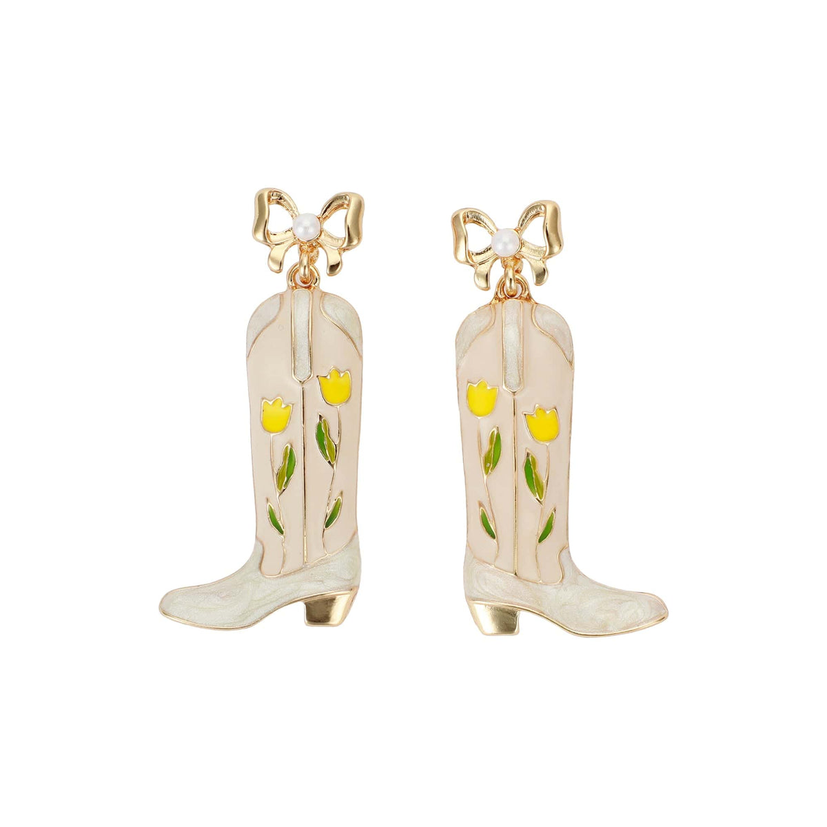 Packed Party Yellow Daisy Cowboy Boot Earrings - Hypoallergenic Gold-Tone Bow Post with Enamel Florals and Pearl Accents, 1.8 Inch
