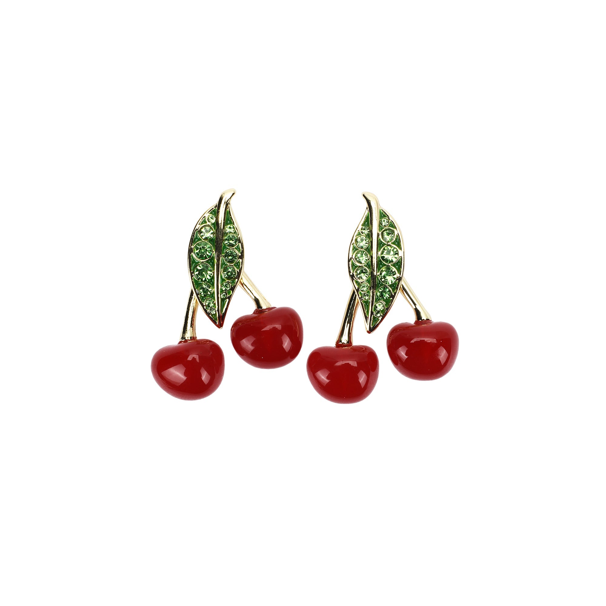 Packed Party Cherry Rhinestone Drop Earrings - Hypoallergenic Gold-Tone Post with Glossy Enamel Cherries and Sparkling Stone Accents, 1.5 Inch