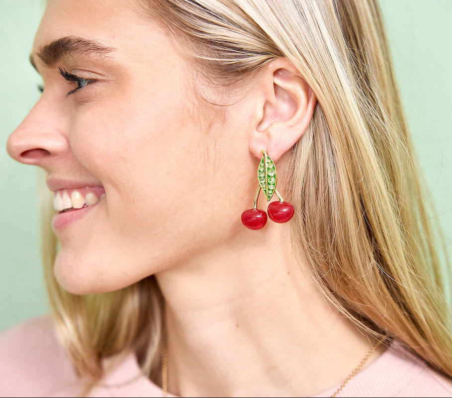 Packed Party Cherry Rhinestone Drop Earrings - Hypoallergenic Gold-Tone Post with Glossy Enamel Cherries and Sparkling Stone Accents, 1.5 Inch