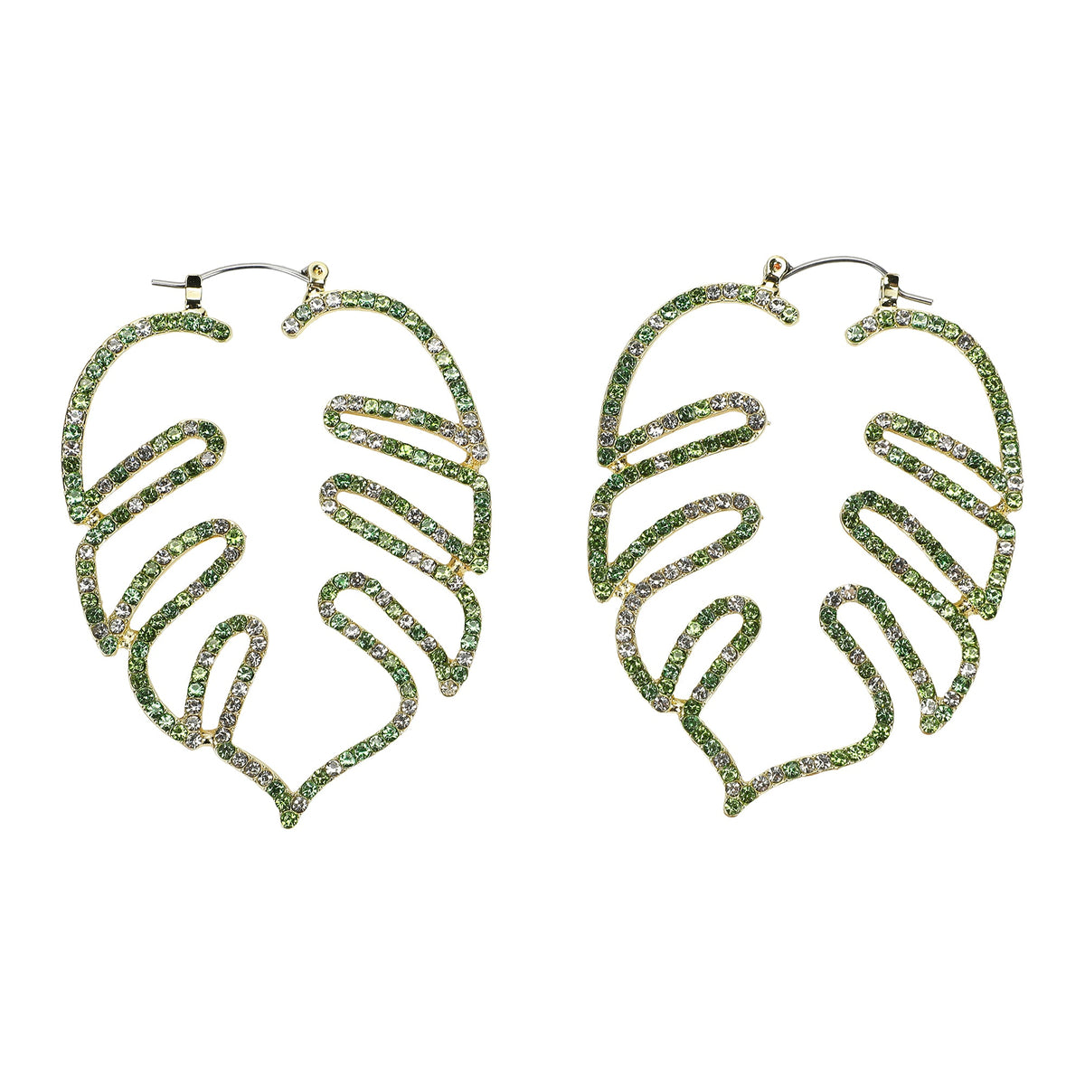 Packed Party Palm Paradise Leaf Rhinestone Earrings - Hypoallergenic Snap Lever Hoop, Gold Metal Palm Leaf with Multicolor Rhinestones, 2.5x1.9 Inch