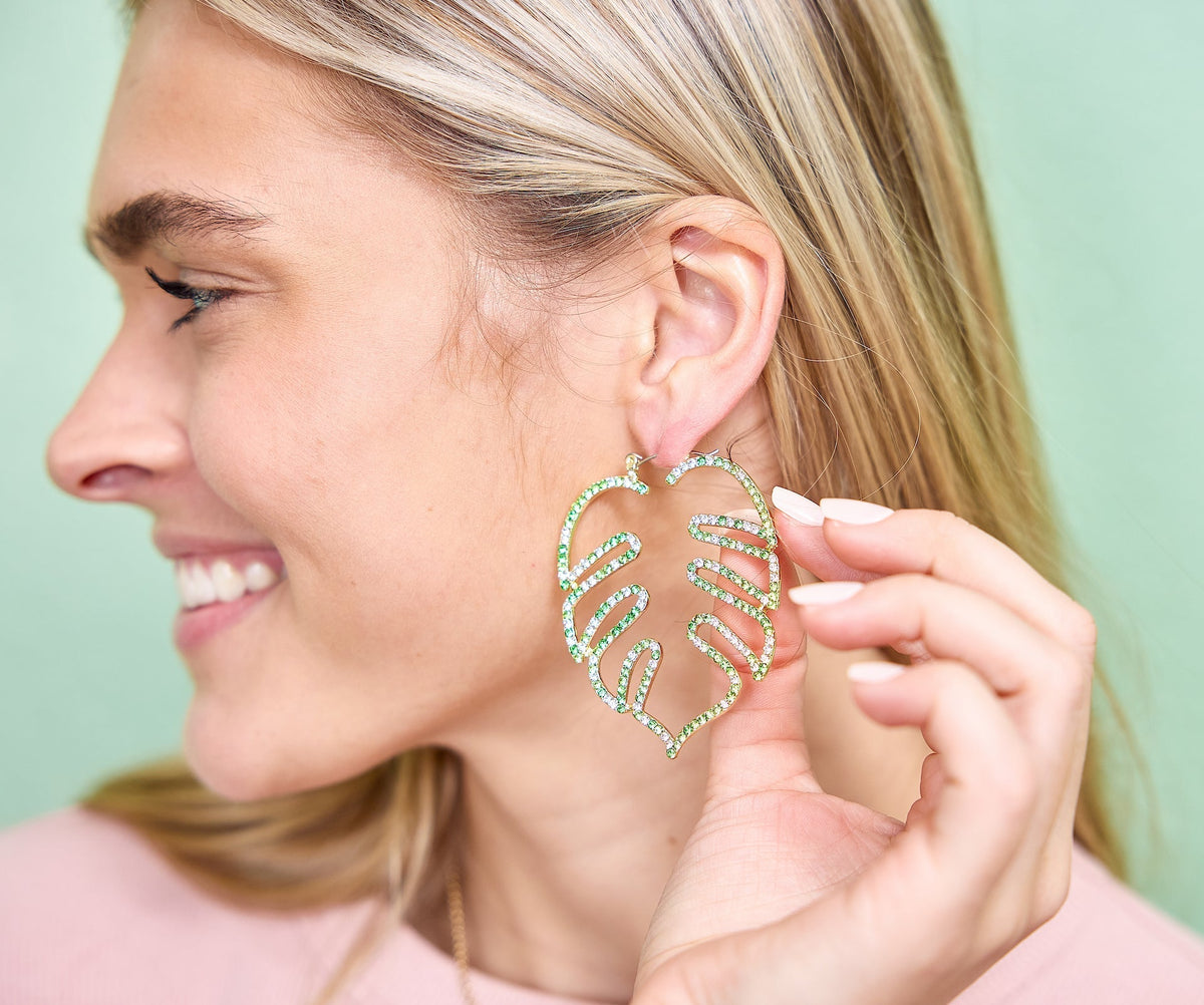 Packed Party Palm Paradise Leaf Rhinestone Earrings - Hypoallergenic Snap Lever Hoop, Gold Metal Palm Leaf with Multicolor Rhinestones, 2.5x1.9 Inch
