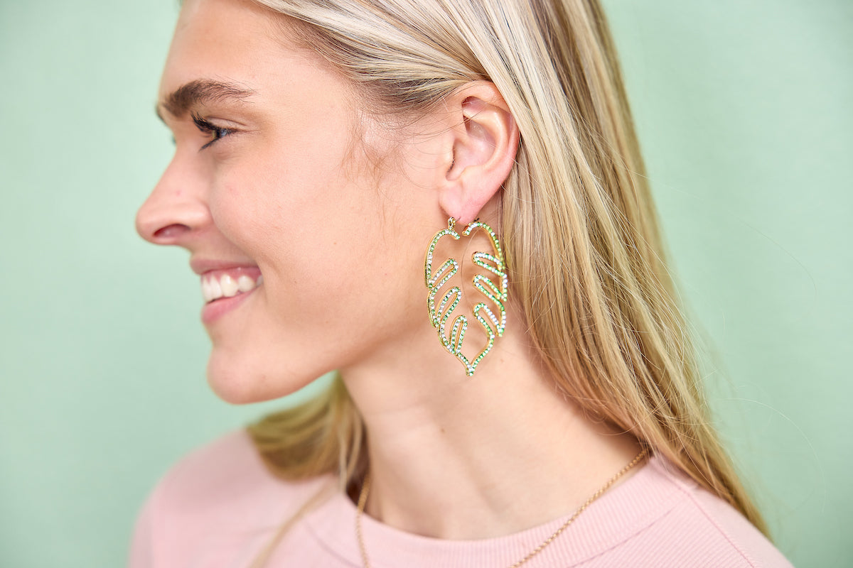 Packed Party Palm Paradise Leaf Rhinestone Earrings - Hypoallergenic Snap Lever Hoop, Gold Metal Palm Leaf with Multicolor Rhinestones, 2.5x1.9 Inch