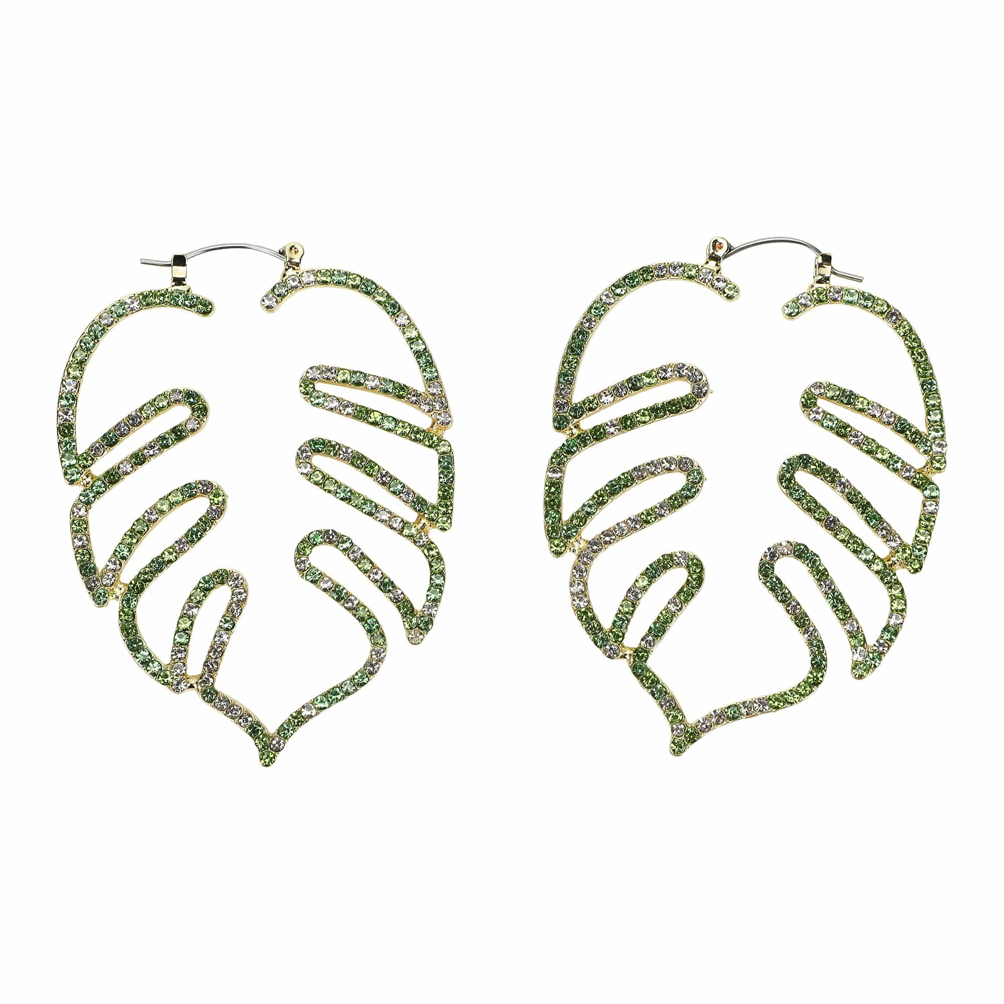 Packed Party Palm Paradise Leaf Rhinestone Earrings - Hypoallergenic Snap Lever Hoop, Gold Metal Palm Leaf with Multicolor Rhinestones, 2.5x1.9 Inch
