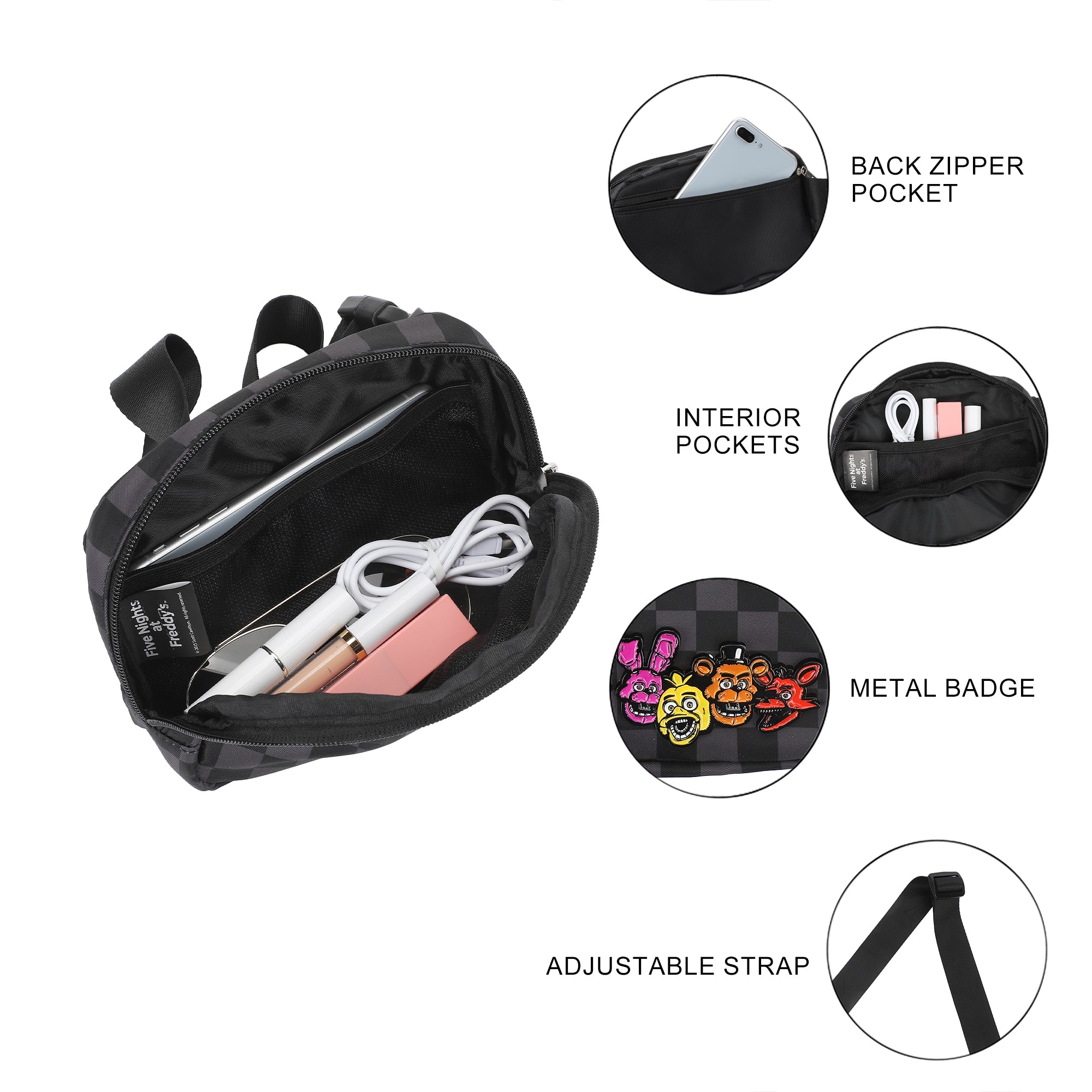 Five Nights at Freddy’s Checkered Belt Bag with Character Icons and Adjustable Strap
