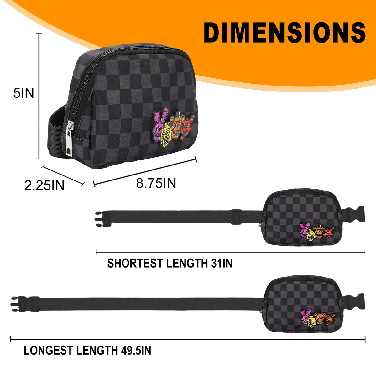 Five Nights at Freddy's Checkered Belt Bag with Character Icons and Adjustable Strap
