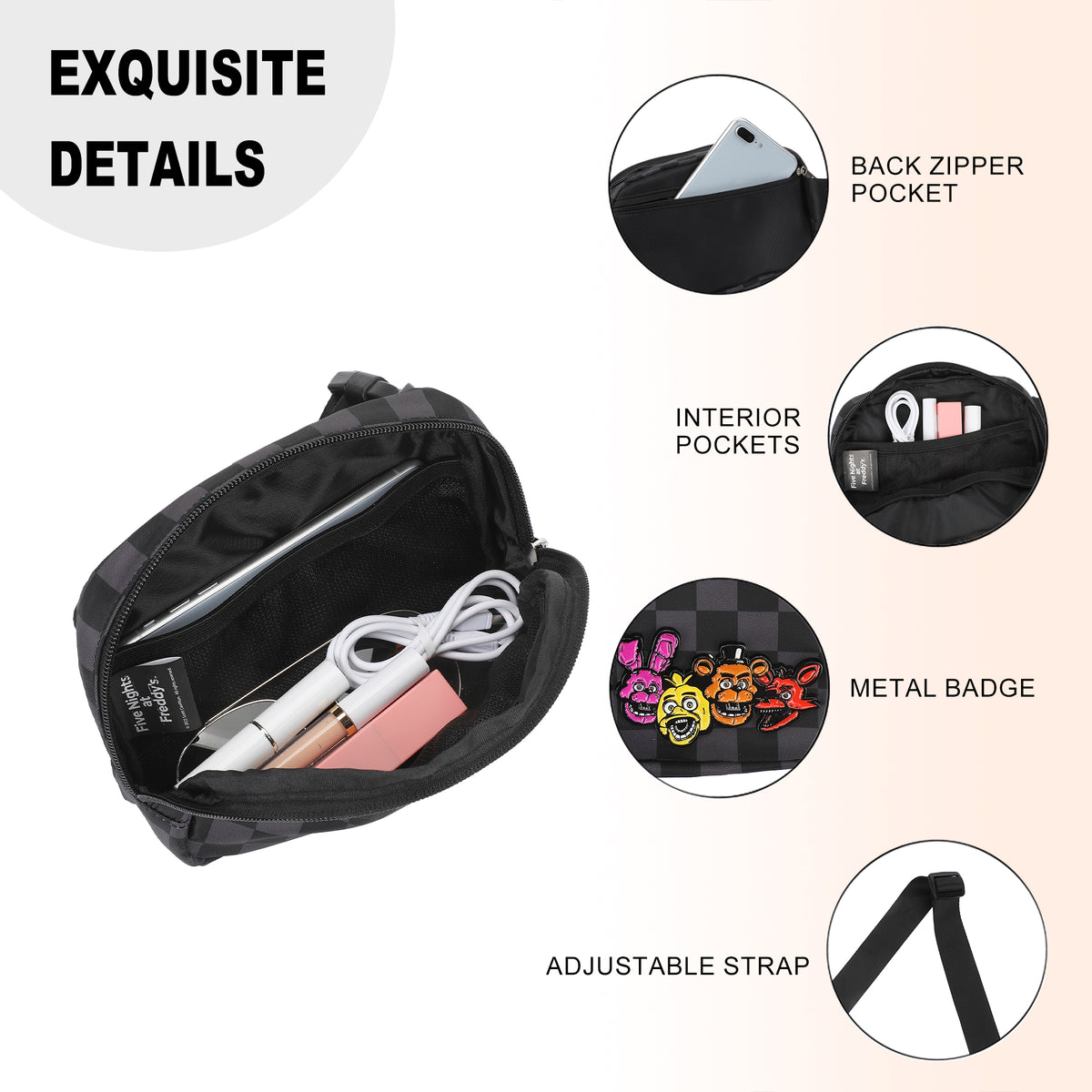 Five Nights at Freddy's Checkered Belt Bag with Character Icons and Adjustable Strap