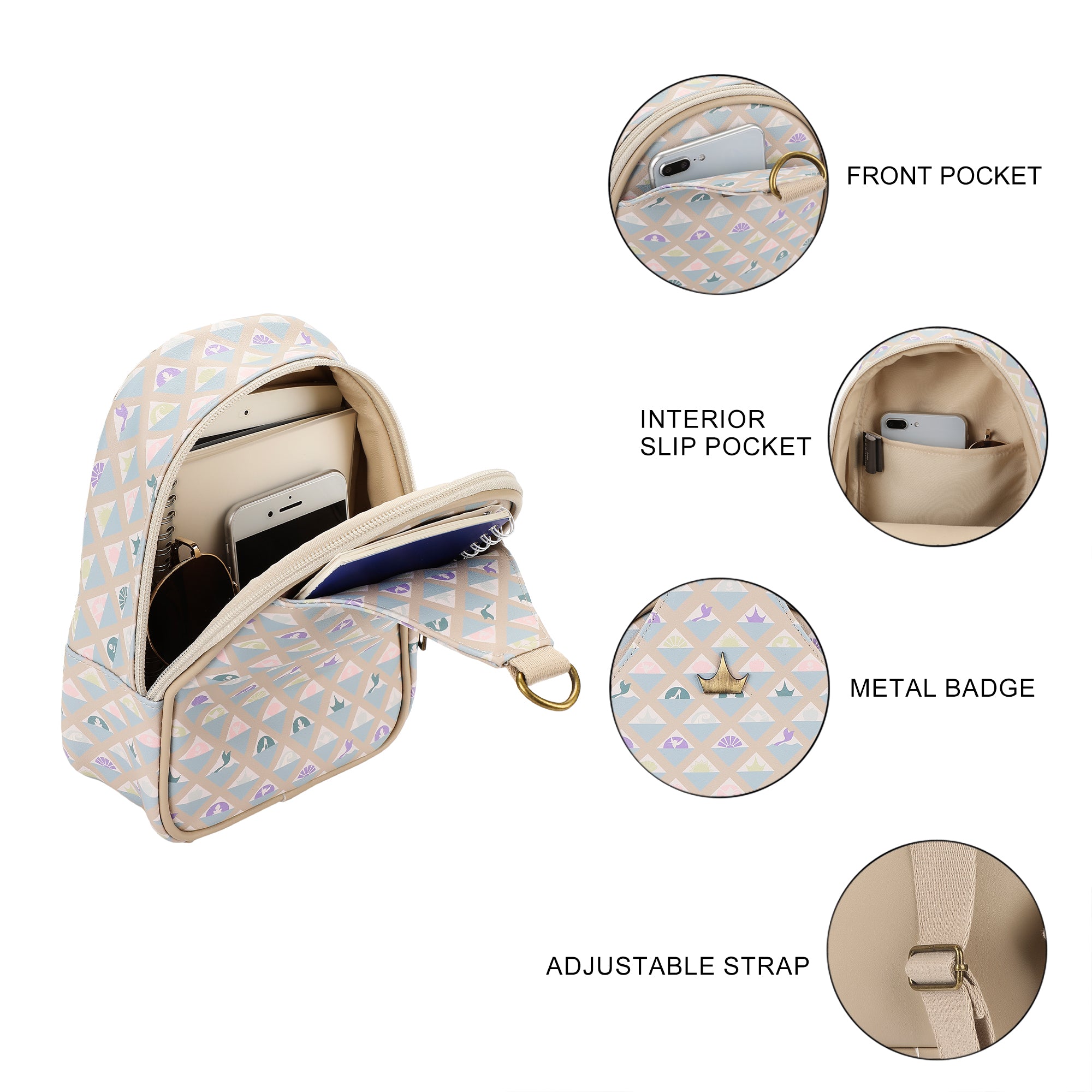 Disney Princess Geometric Pattern Sling Bag with Adjustable Strap