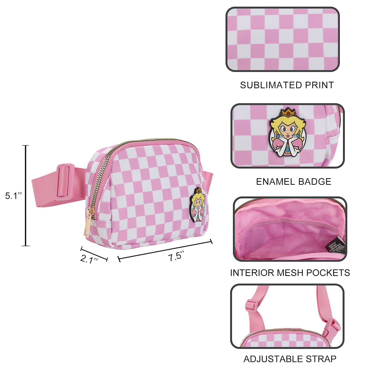 Super Mario Bros Princess Peach 7.5" Pink & White Checkered Quilted Fanny Pack
