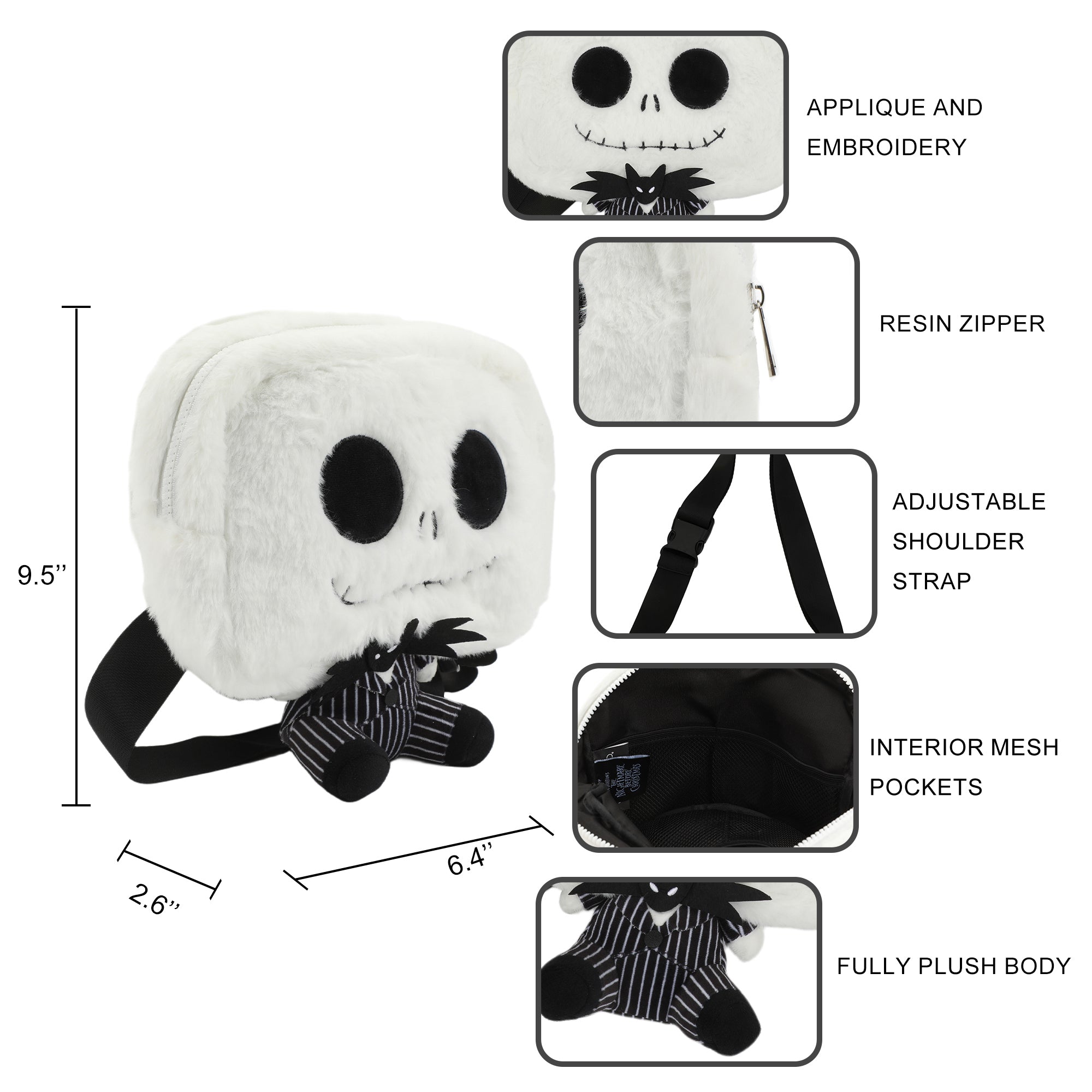 Nightmare Before Christmas Jack Skellington 9.5" Festie Bestie Plush Crossbody Hand Bag