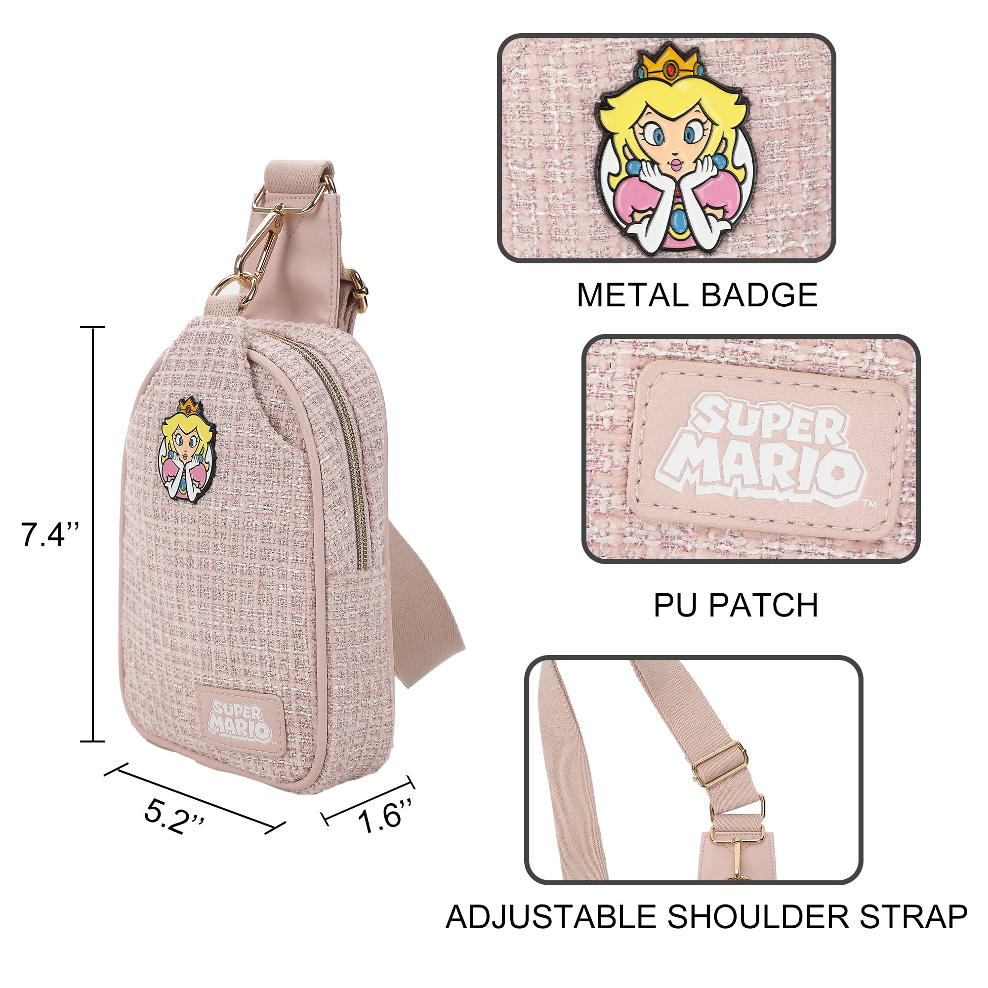 Super Mario Brothers Princess Peach Sling Bag With Adjustable Strap