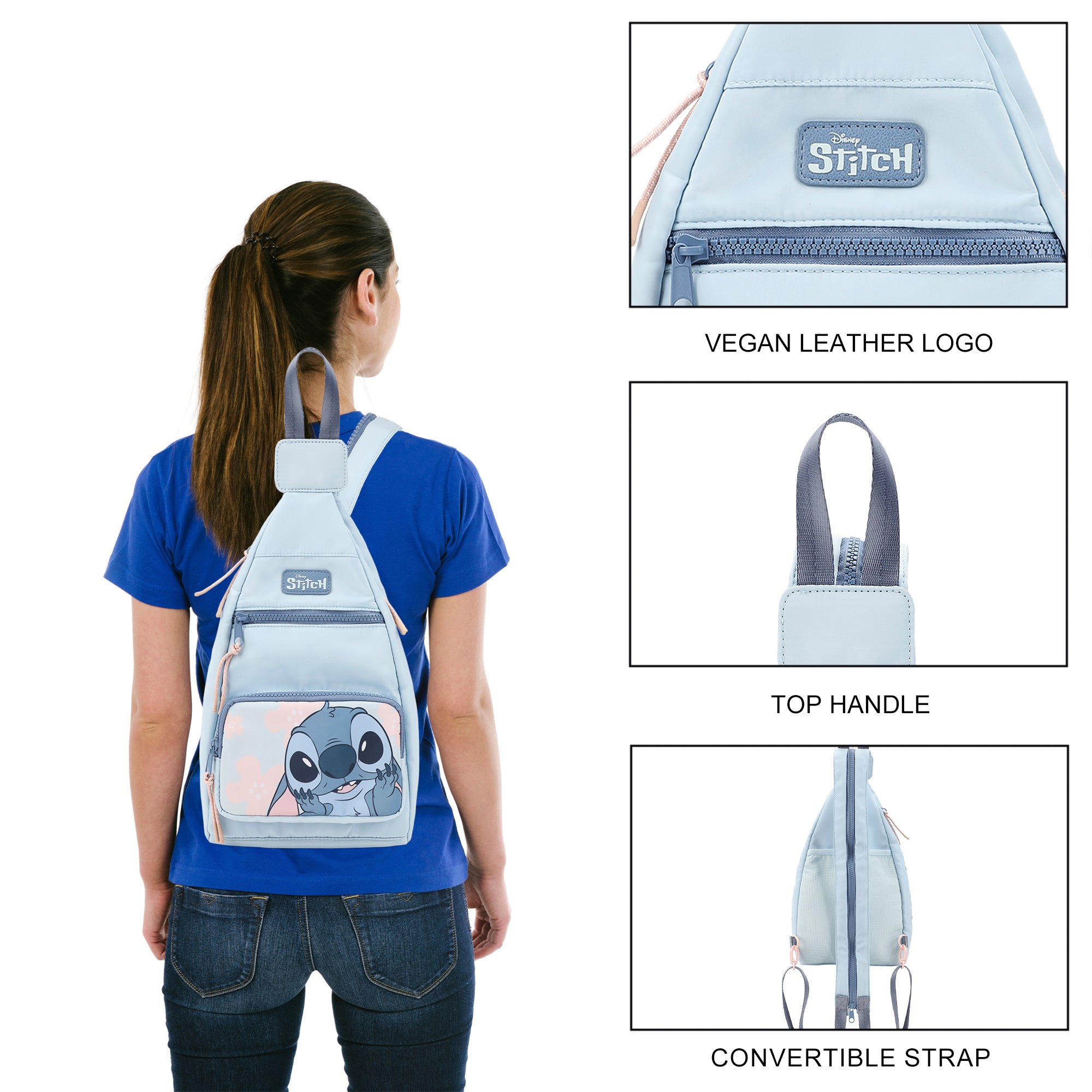 Disney Stitch Character Print Blue 6" Convertible crossbody Sling Backpack Bag