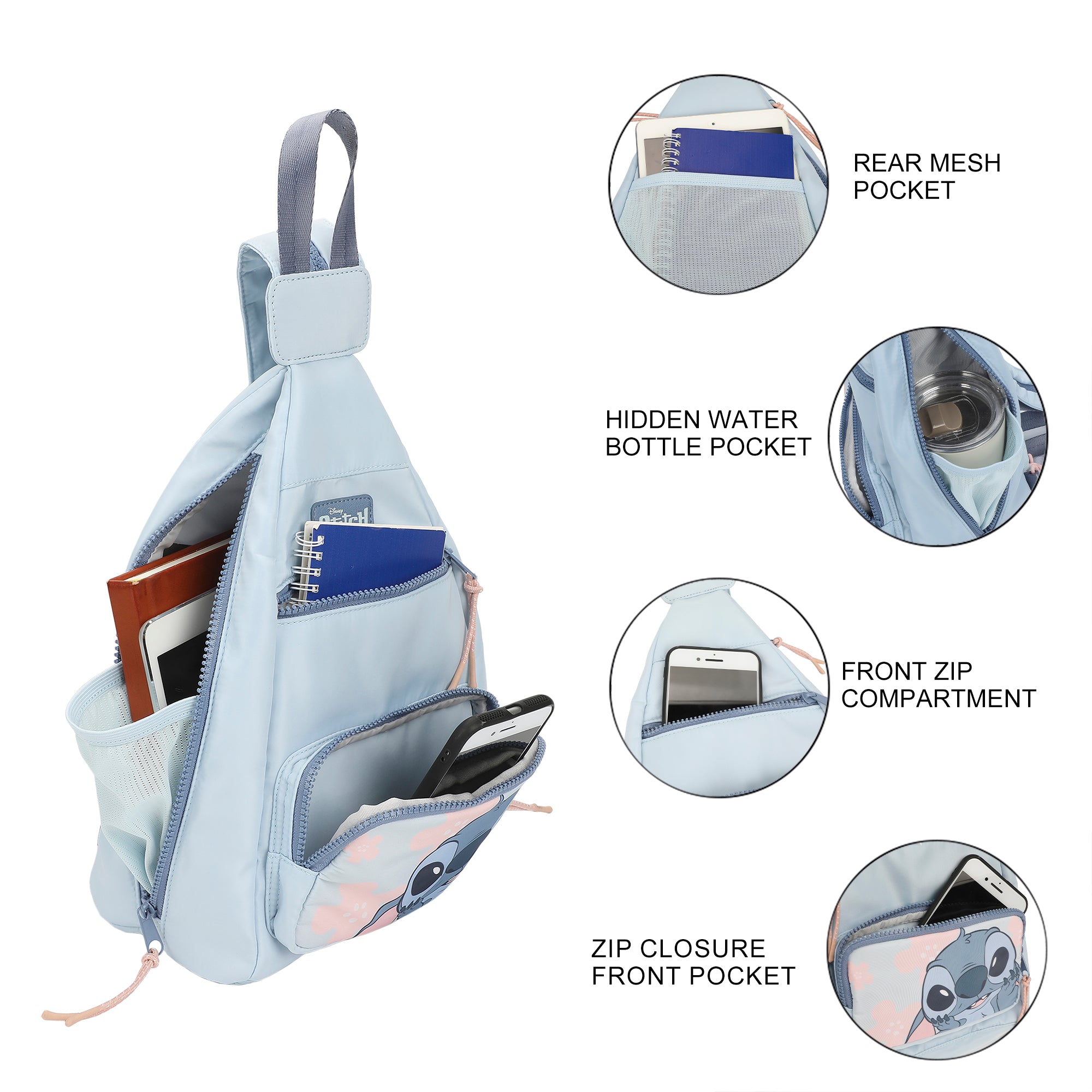 Disney Stitch Character Print Blue 6" Convertible crossbody Sling Backpack Bag