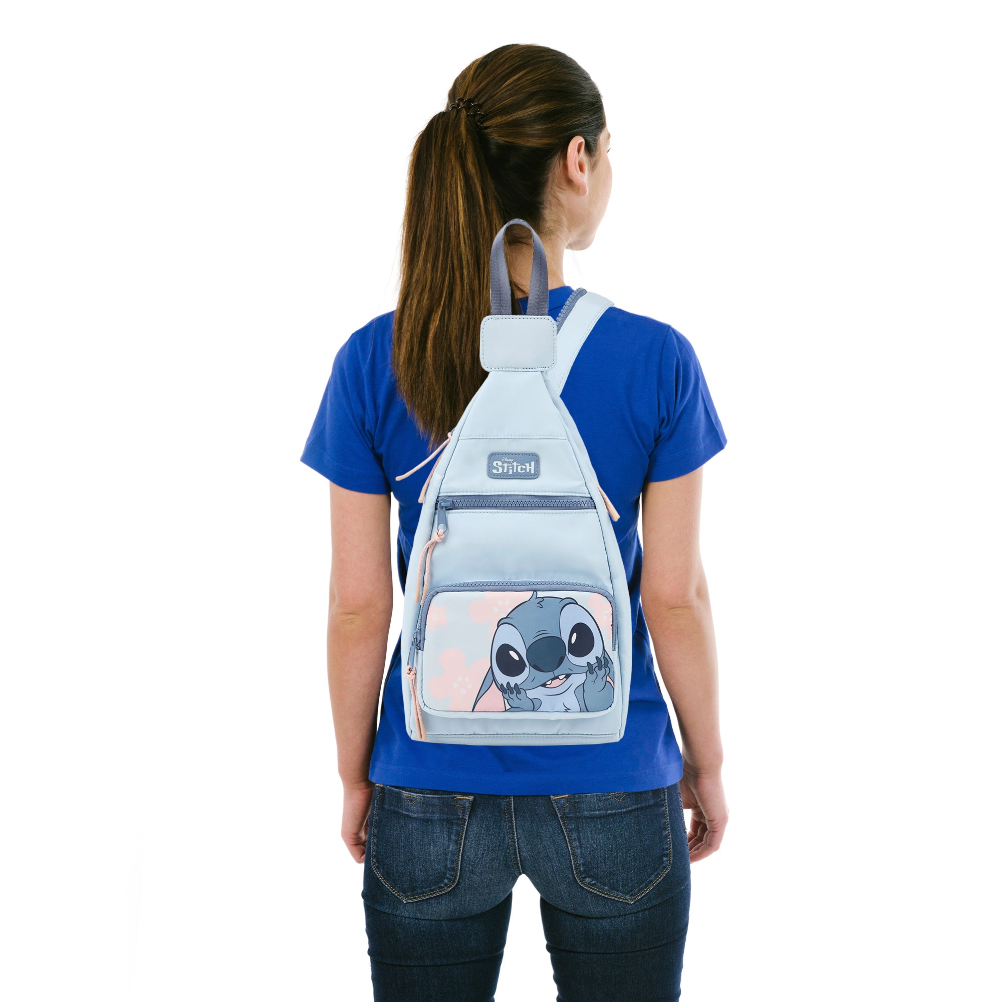 Disney Stitch Character Print Blue 6" Convertible crossbody Sling Backpack Bag