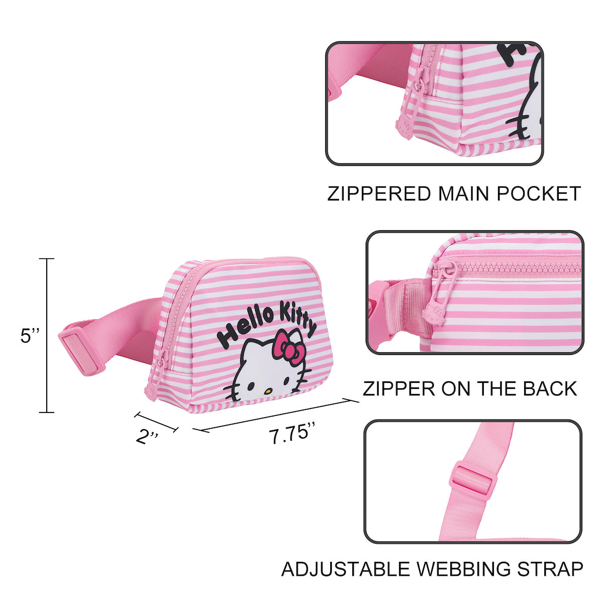 Hello Kitty Character Face 7.75" Pink & White Striped Fanny Pack Sling Bag
