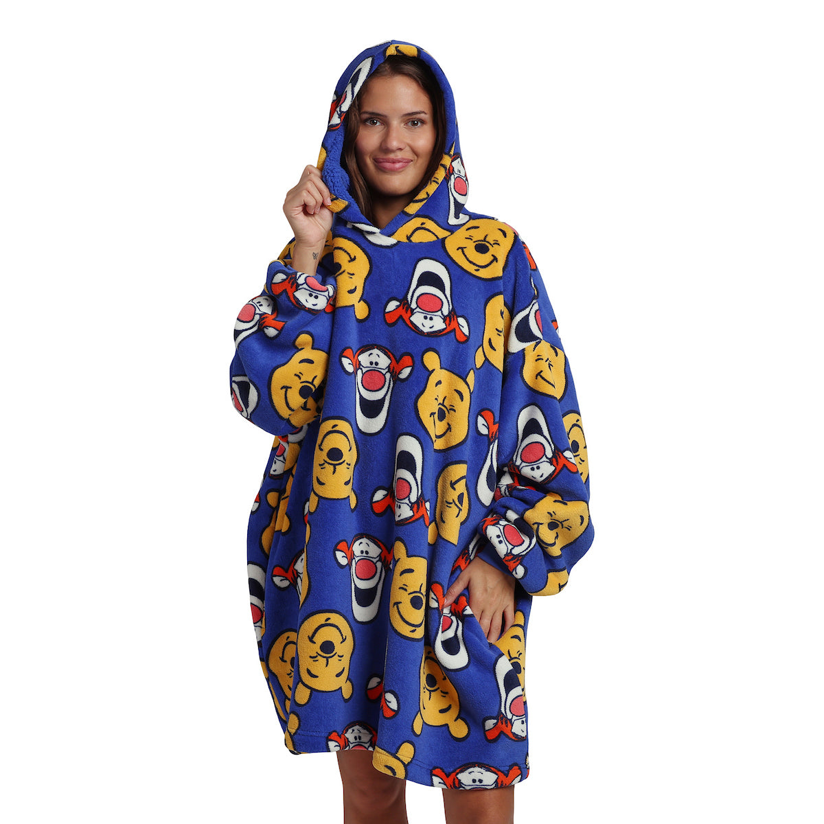 Winnie The Pooh Tigger & Pooh Faces Adult Blue Long Sleeve Sherpa-Lined Hooded Blanket