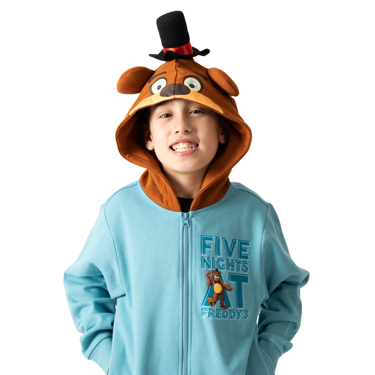 Five Nights At Freddy's Big Face Freddy Hood Long Sleeve Denim Heather Boy's Hooded Sweatshirt