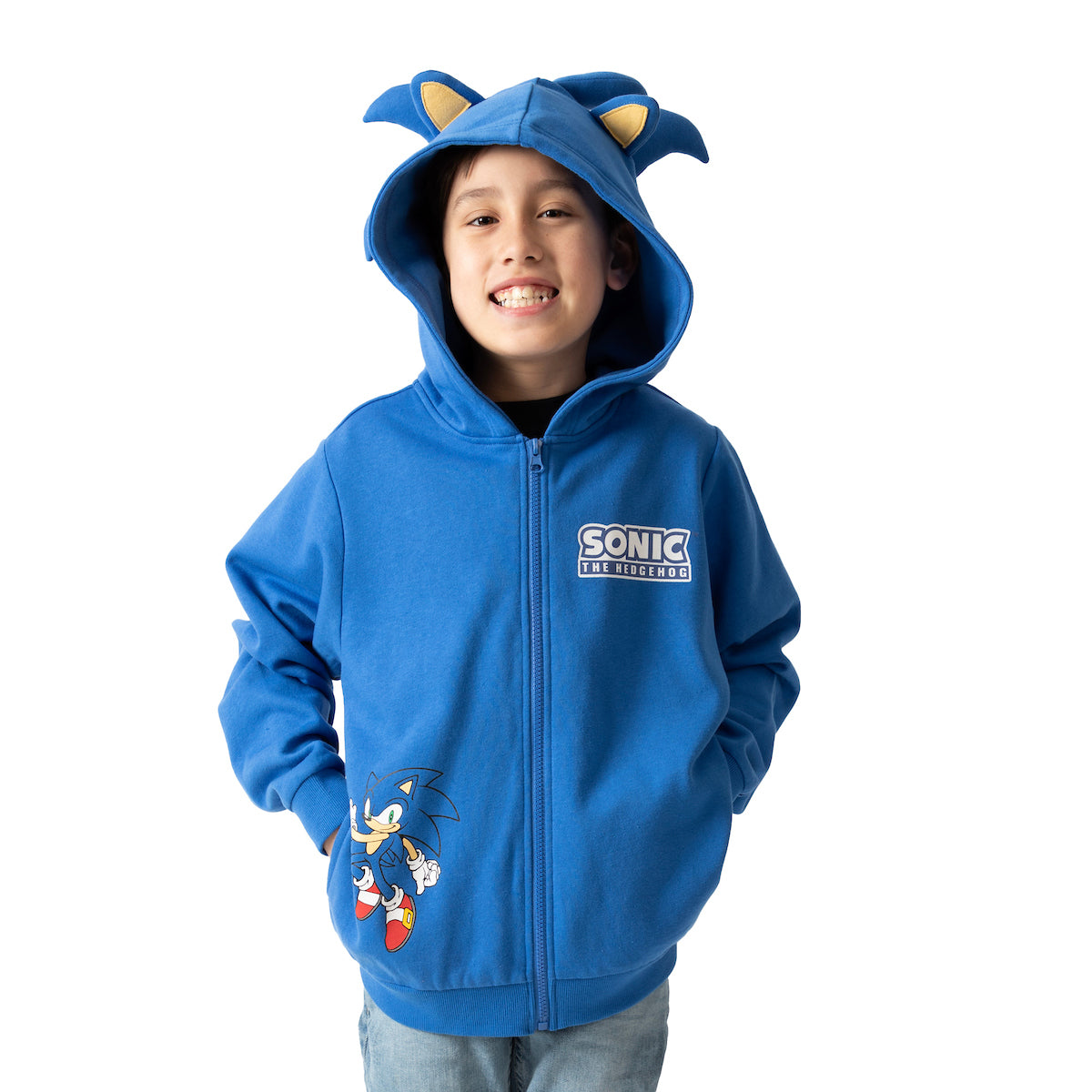 Sonic The Hedgehog Cosplay With Foam Ears Long Sleeve Blue Boy's Zip Up Hooded Sweatshirt