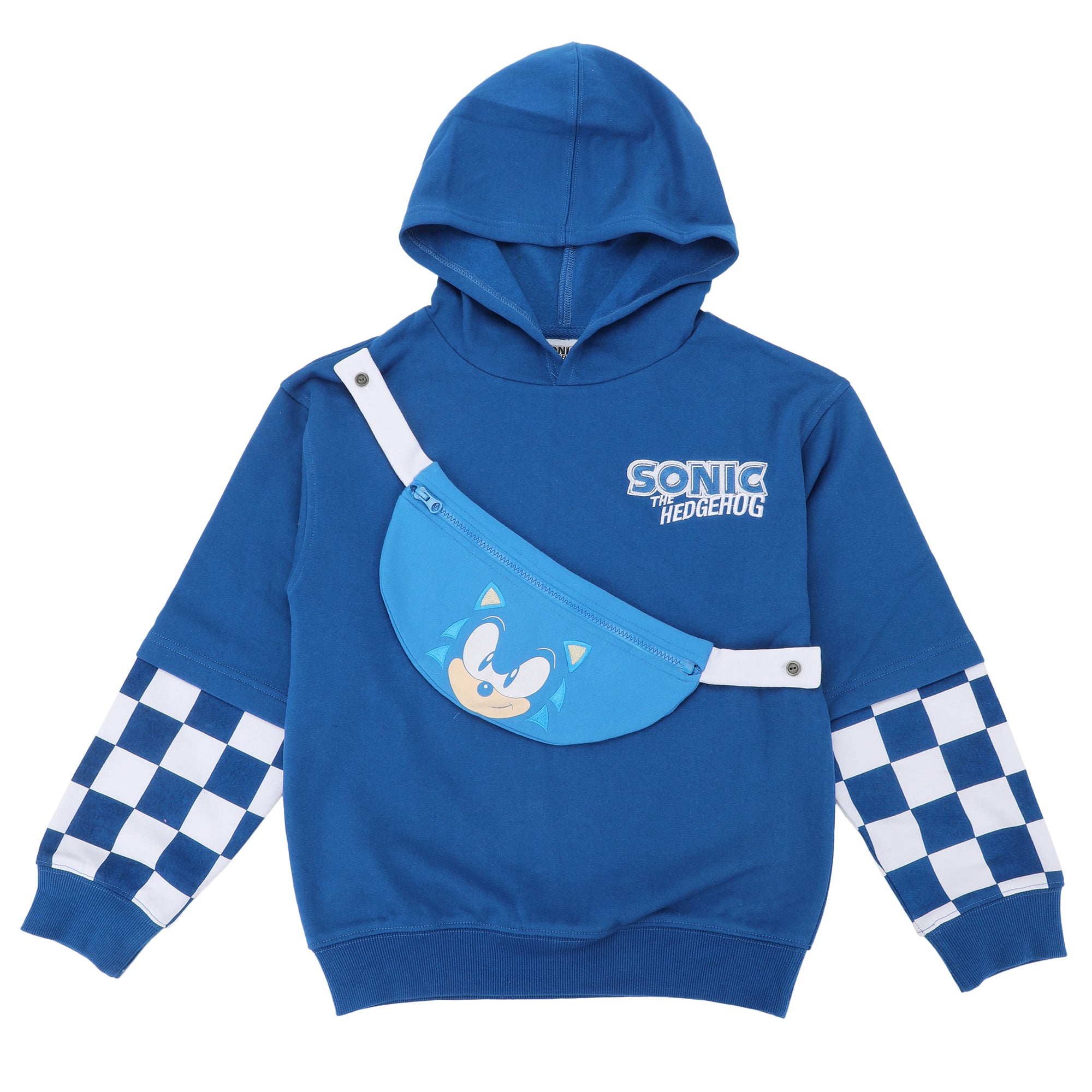 Sonic The Hedgehog Character Face Long Sleeve Boy's Blue Hooded Sweatshirt & Detachable Fanny Pack