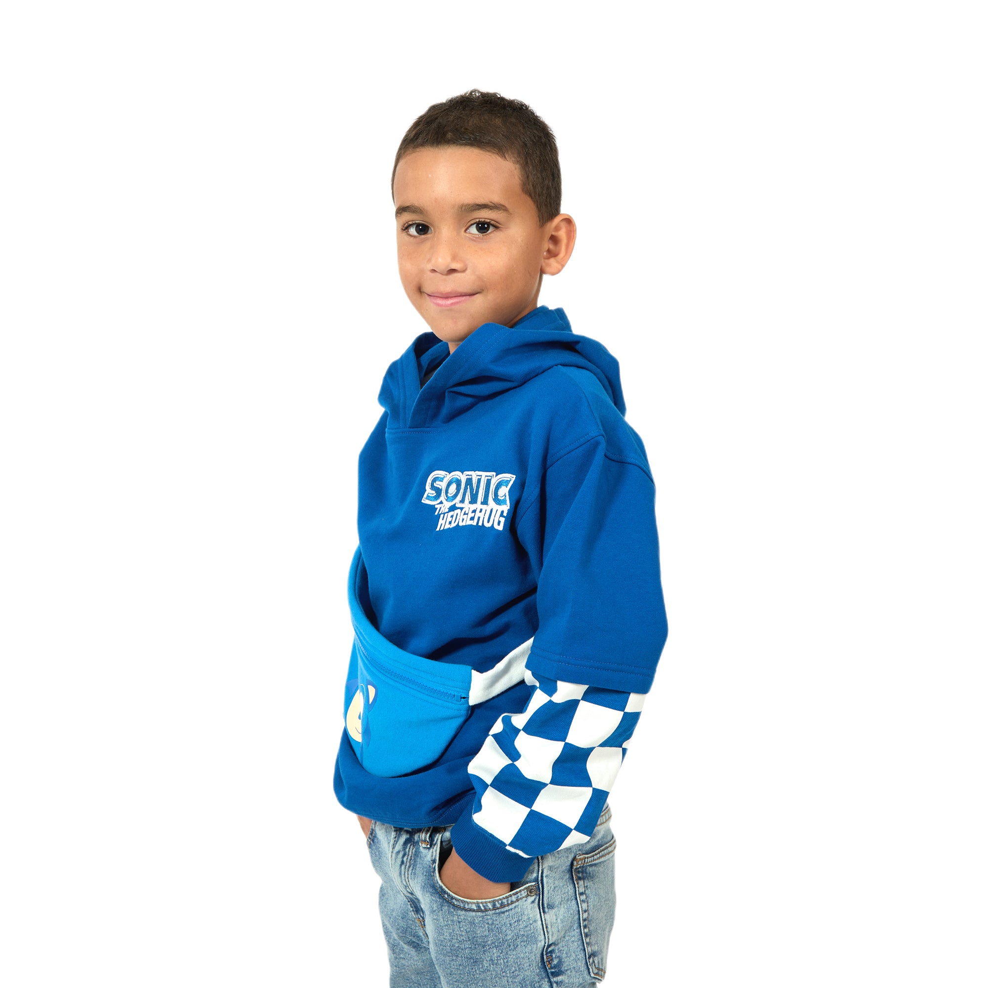 Sonic The Hedgehog Character Face Long Sleeve Boy's Blue Hooded Sweatshirt & Detachable Fanny Pack