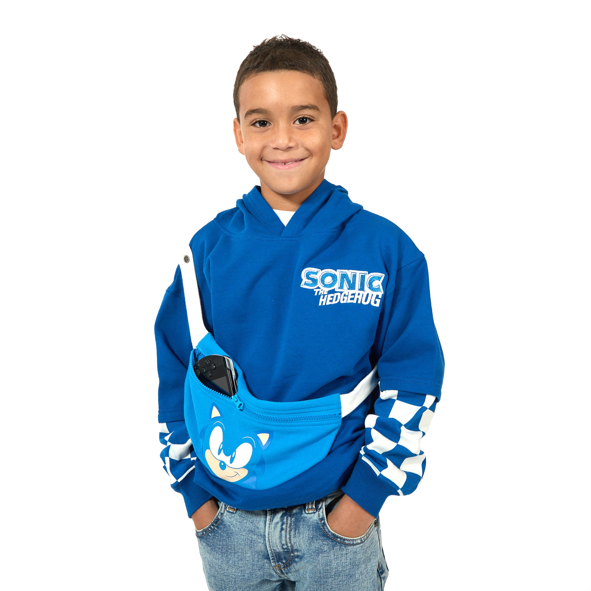 Sonic The Hedgehog Character Face Long Sleeve Boy's Blue Hooded Sweatshirt & Detachable Fanny Pack