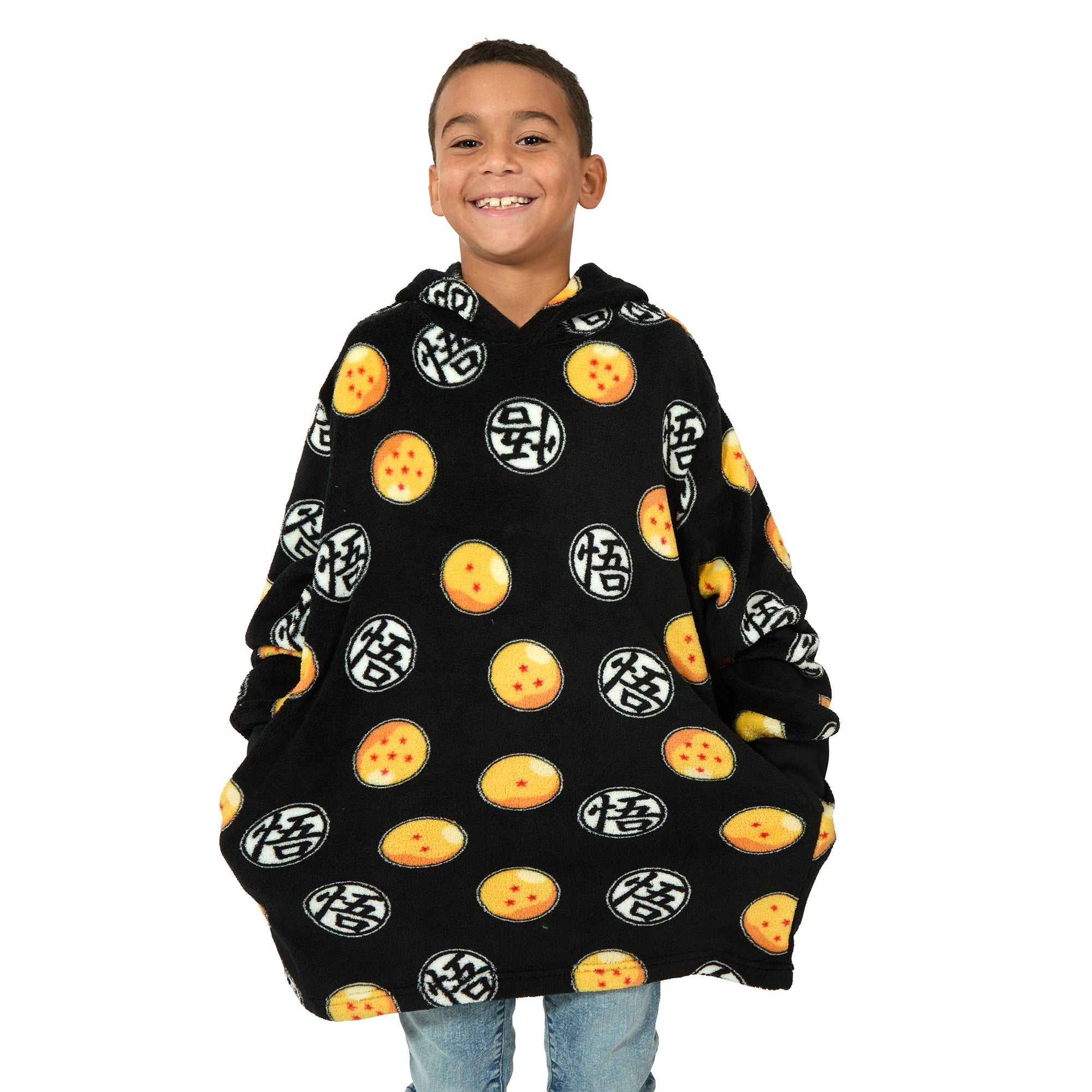Dragon Ball Z Kanji & Dragon Ball All-Over Print Long Sleeve Boy's Black Kids Wearable Hoodie Blanket