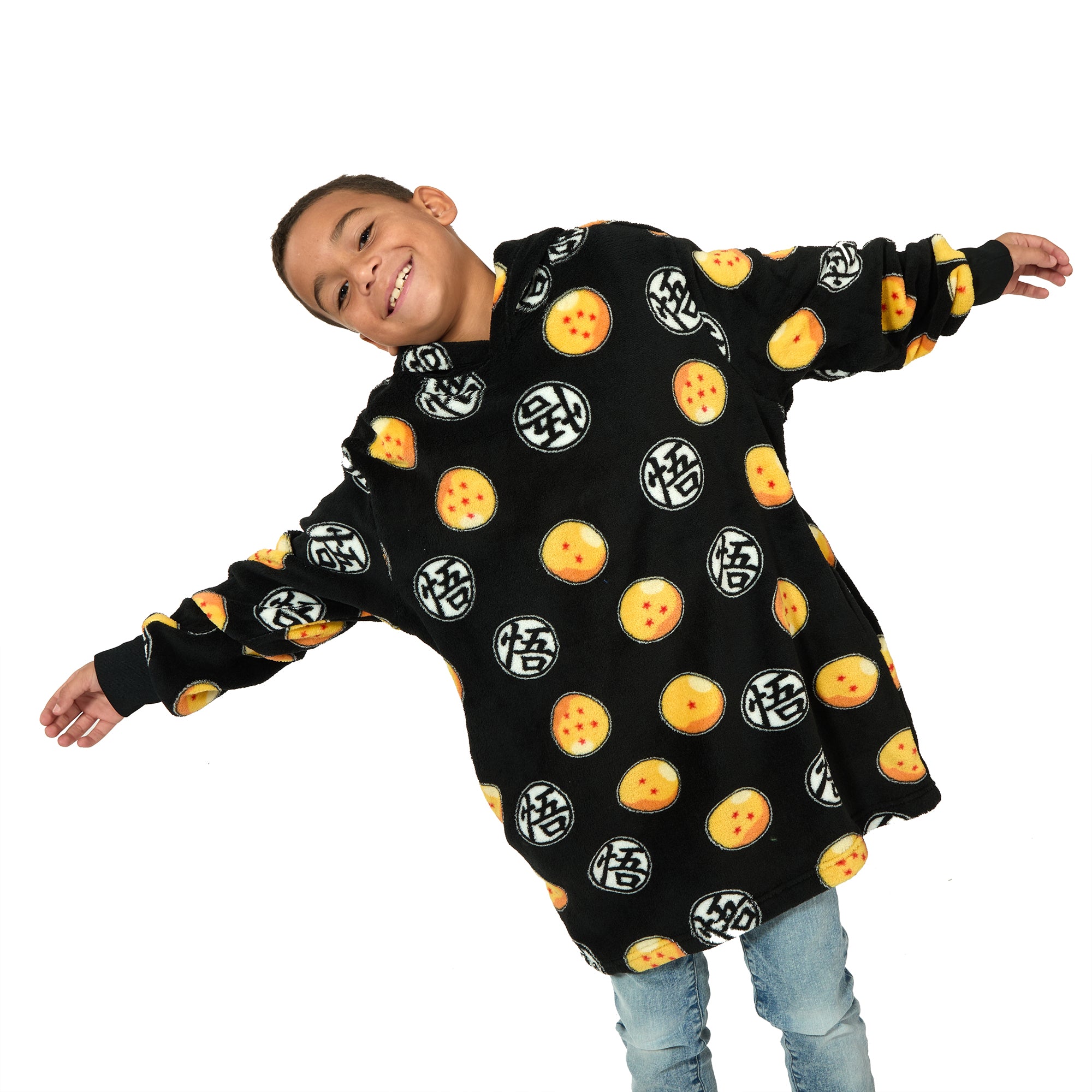Dragon Ball Z Kanji & Dragon Ball All-Over Print Long Sleeve Boy's Black Kids Wearable Hoodie Blanket