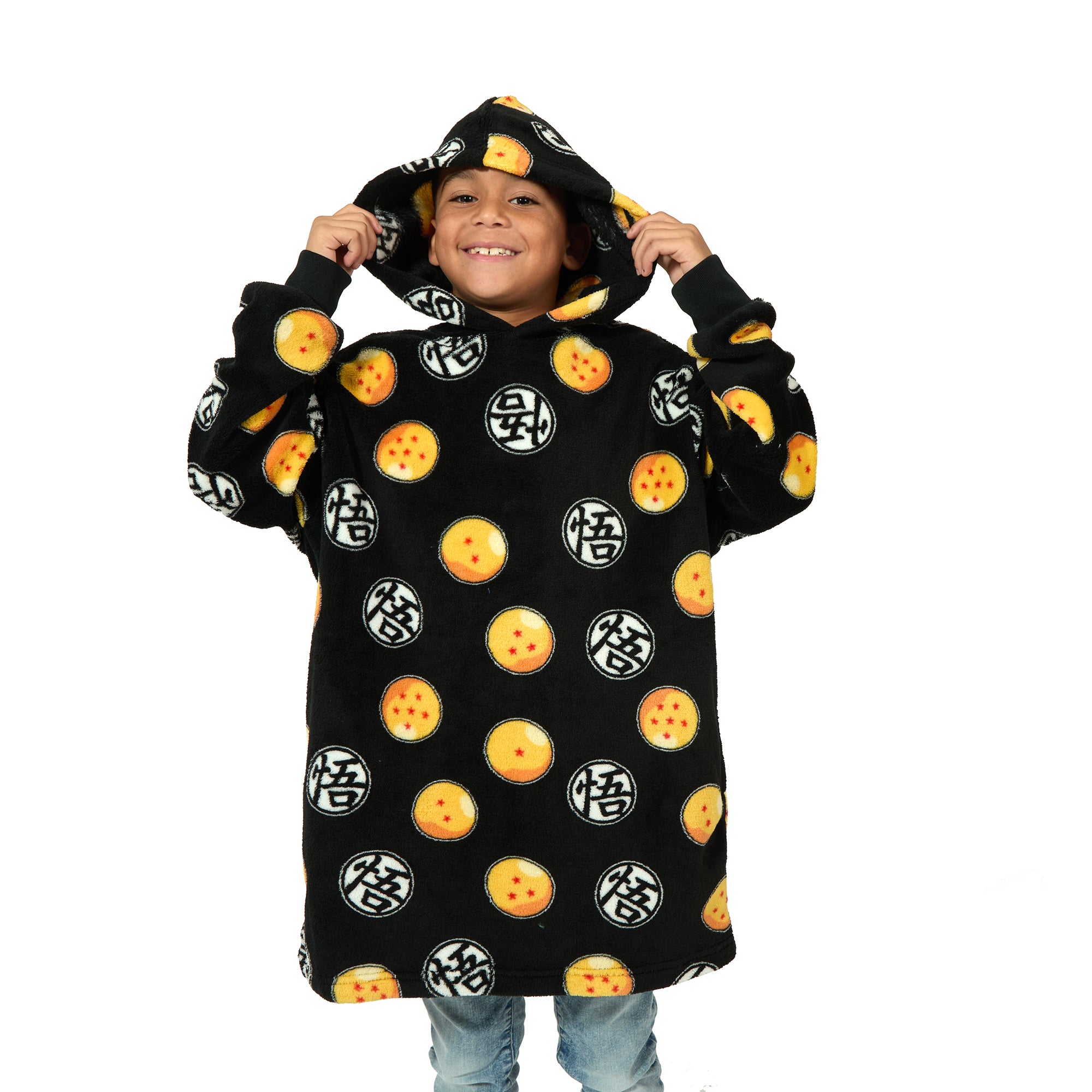 Dragon Ball Z Kanji & Dragon Ball All-Over Print Long Sleeve Boy's Black Kids Wearable Hoodie Blanket