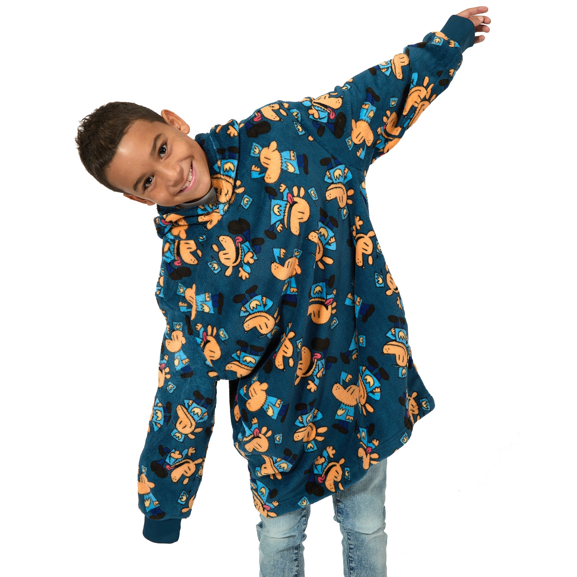 Dog Man All-Over Character Print Long Sleeve Boy's Blue Oversized Wearable Kids Hoodie Blanket